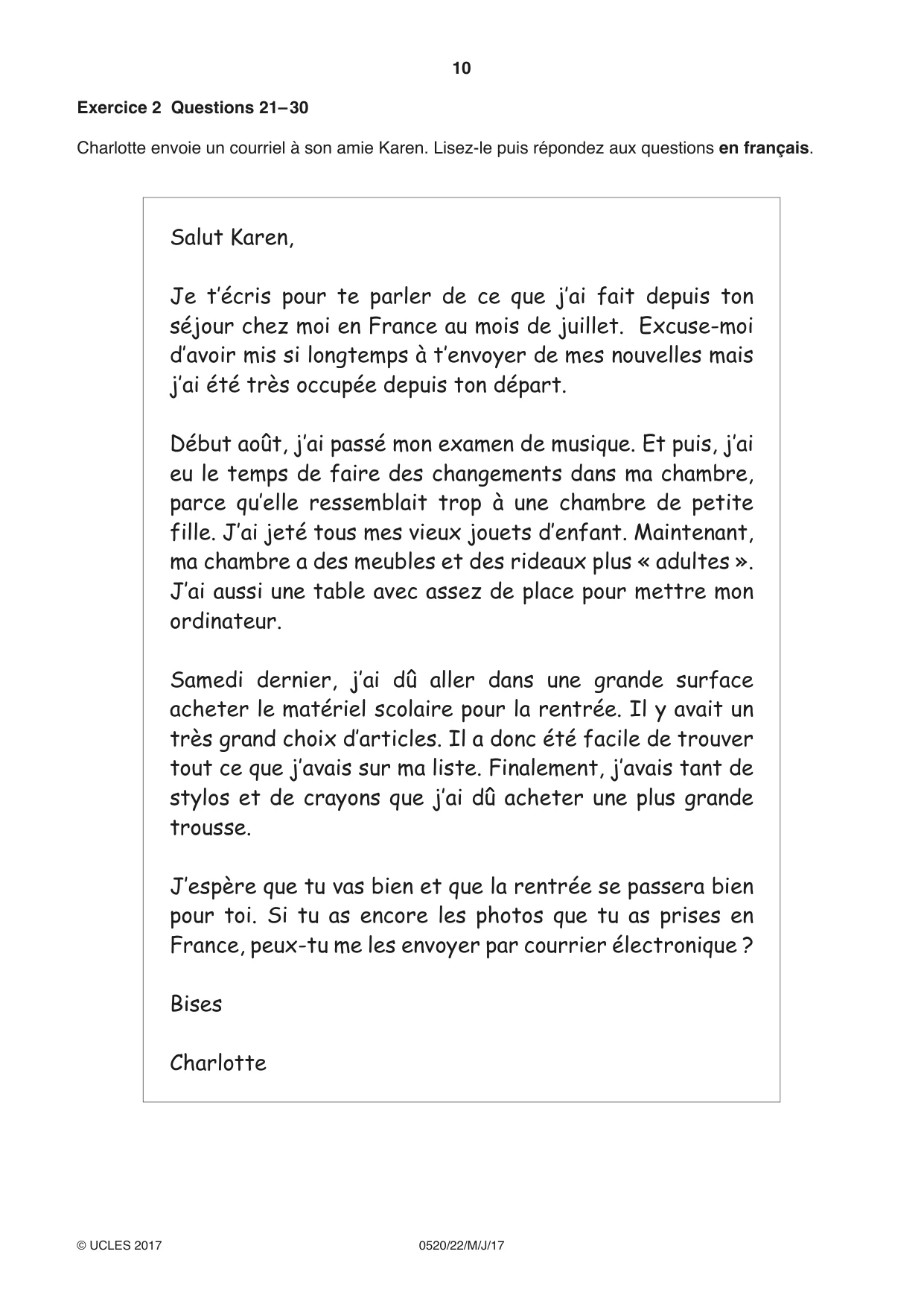 Cambridge IGCSE French - Foreign Language 0520 2017 May/June Paper 2 · Variant 2 question paper, page 10 of 16