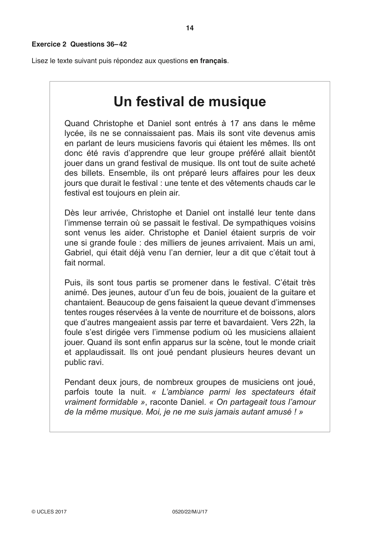 Cambridge IGCSE French - Foreign Language 0520 2017 May/June Paper 2 · Variant 2 question paper, page 14 of 16