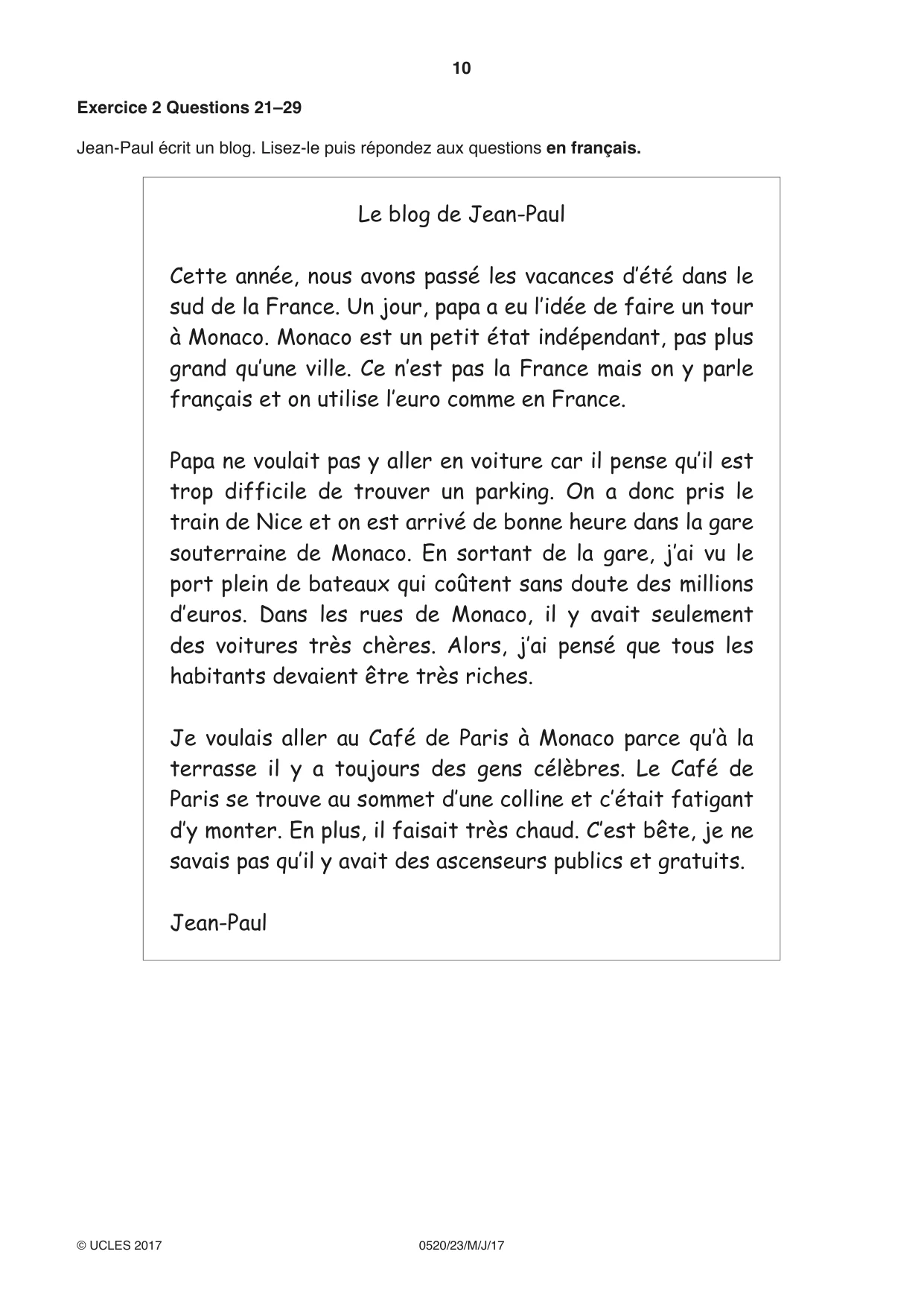 Cambridge IGCSE French - Foreign Language 0520 2017 May/June Paper 2 · Variant 3 question paper, page 10 of 16