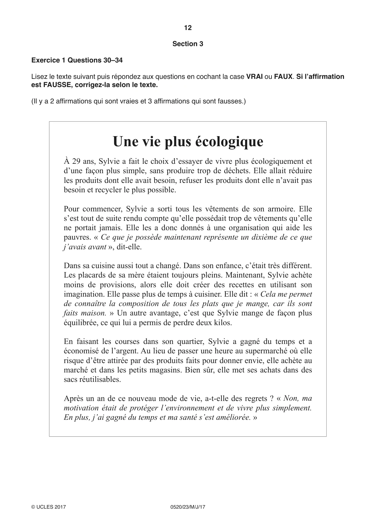 Cambridge IGCSE French - Foreign Language 0520 2017 May/June Paper 2 · Variant 3 question paper, page 12 of 16