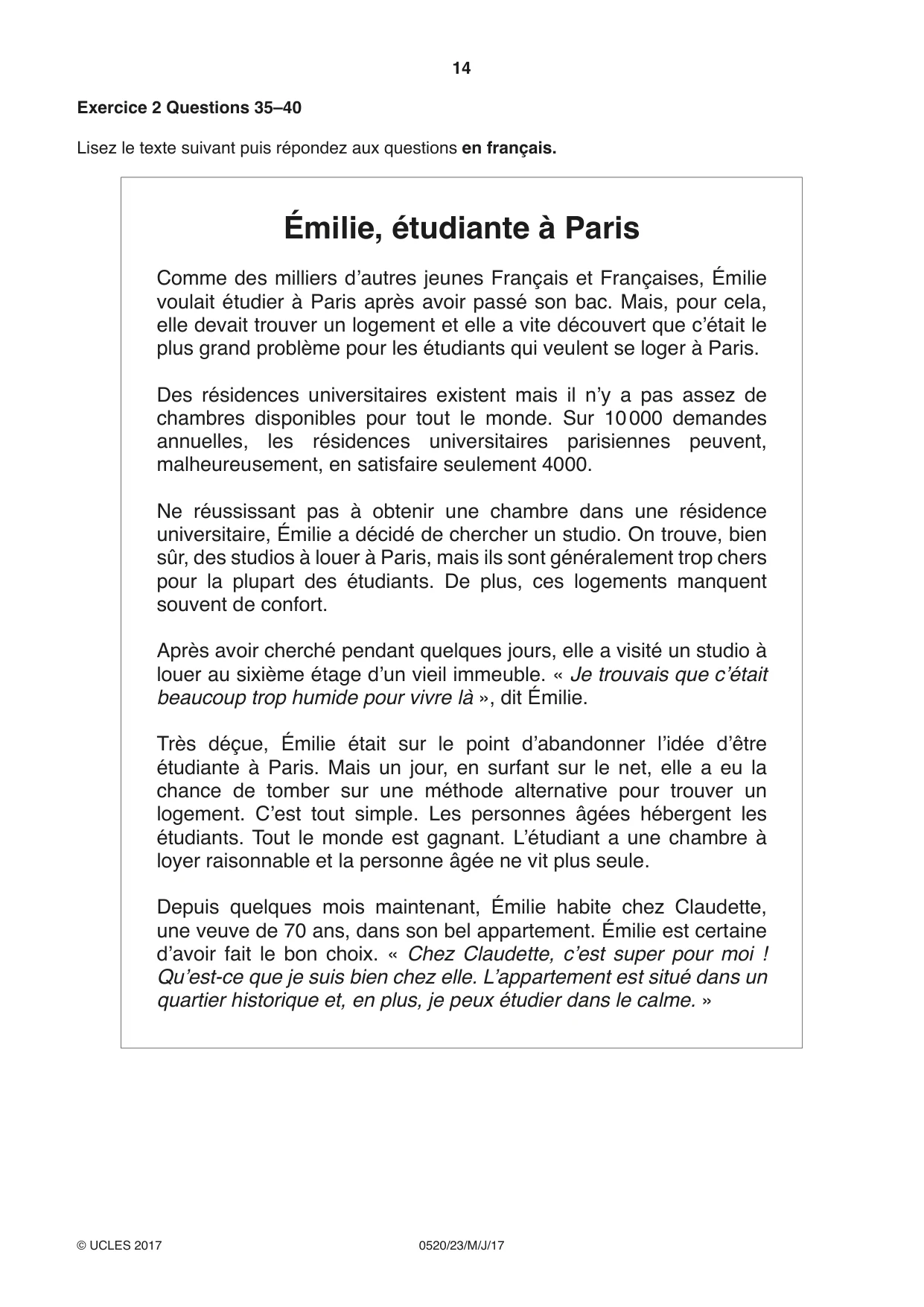 Cambridge IGCSE French - Foreign Language 0520 2017 May/June Paper 2 · Variant 3 question paper, page 14 of 16