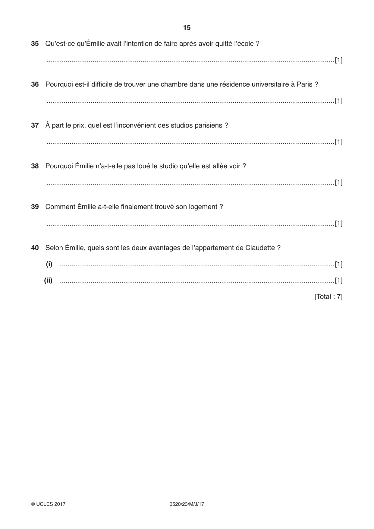 Cambridge IGCSE French - Foreign Language 0520 2017 May/June Paper 2 · Variant 3 question paper, page 15 of 16