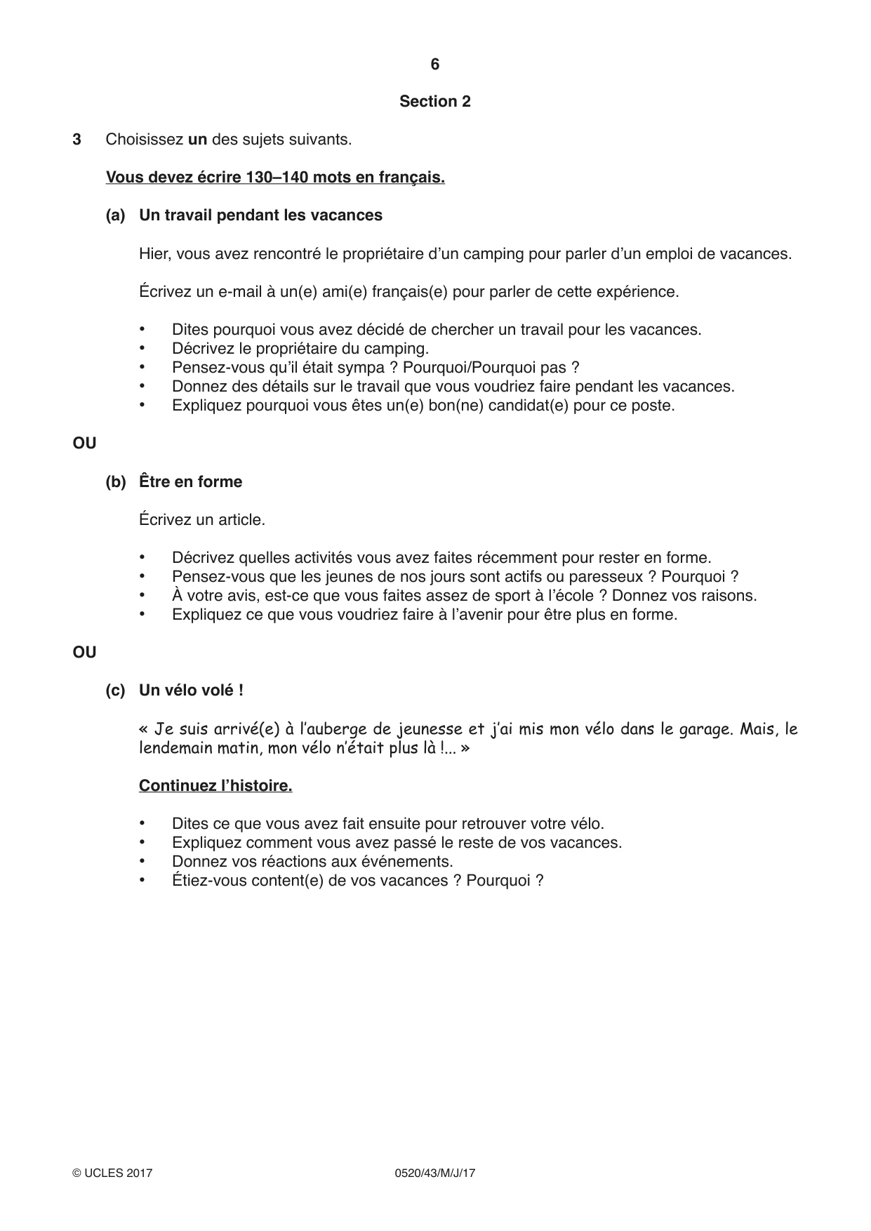 Cambridge IGCSE French - Foreign Language 0520 2017 May/June Paper 4 · Variant 3 question paper, page 6 of 8
