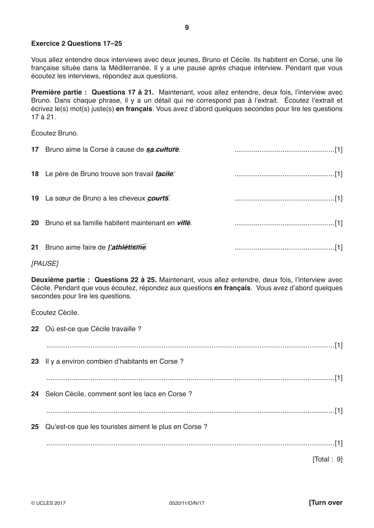 Cambridge IGCSE French - Foreign Language 0520 2017 Oct/Nov Paper 1 · Variant 1 question paper, page 9 of 12
