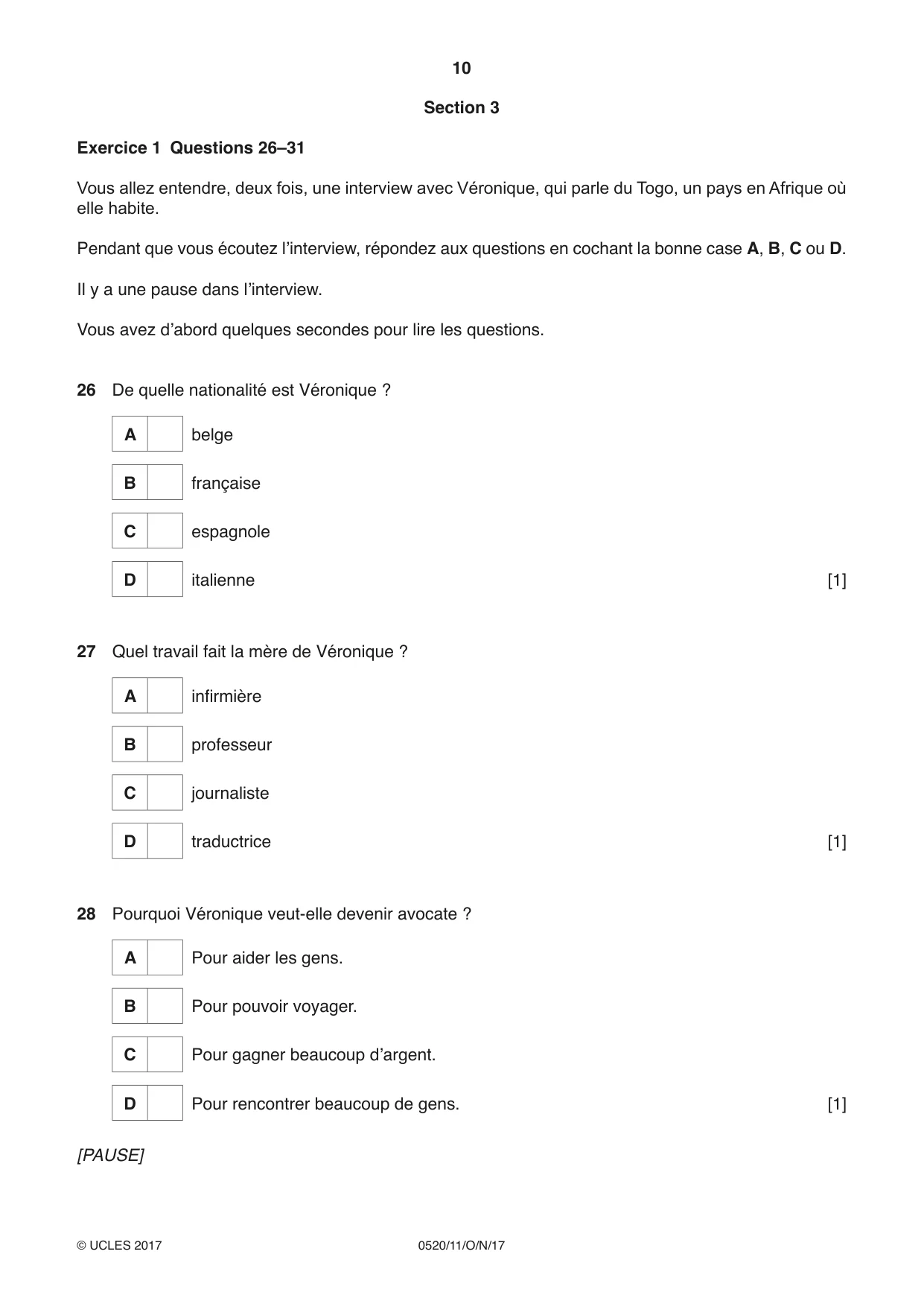 Cambridge IGCSE French - Foreign Language 0520 2017 Oct/Nov Paper 1 · Variant 1 question paper, page 10 of 12