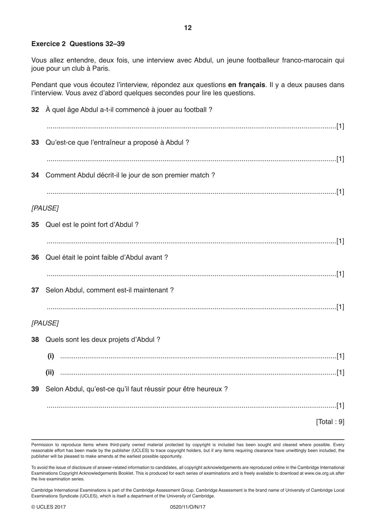 Cambridge IGCSE French - Foreign Language 0520 2017 Oct/Nov Paper 1 · Variant 1 question paper, page 12 of 12