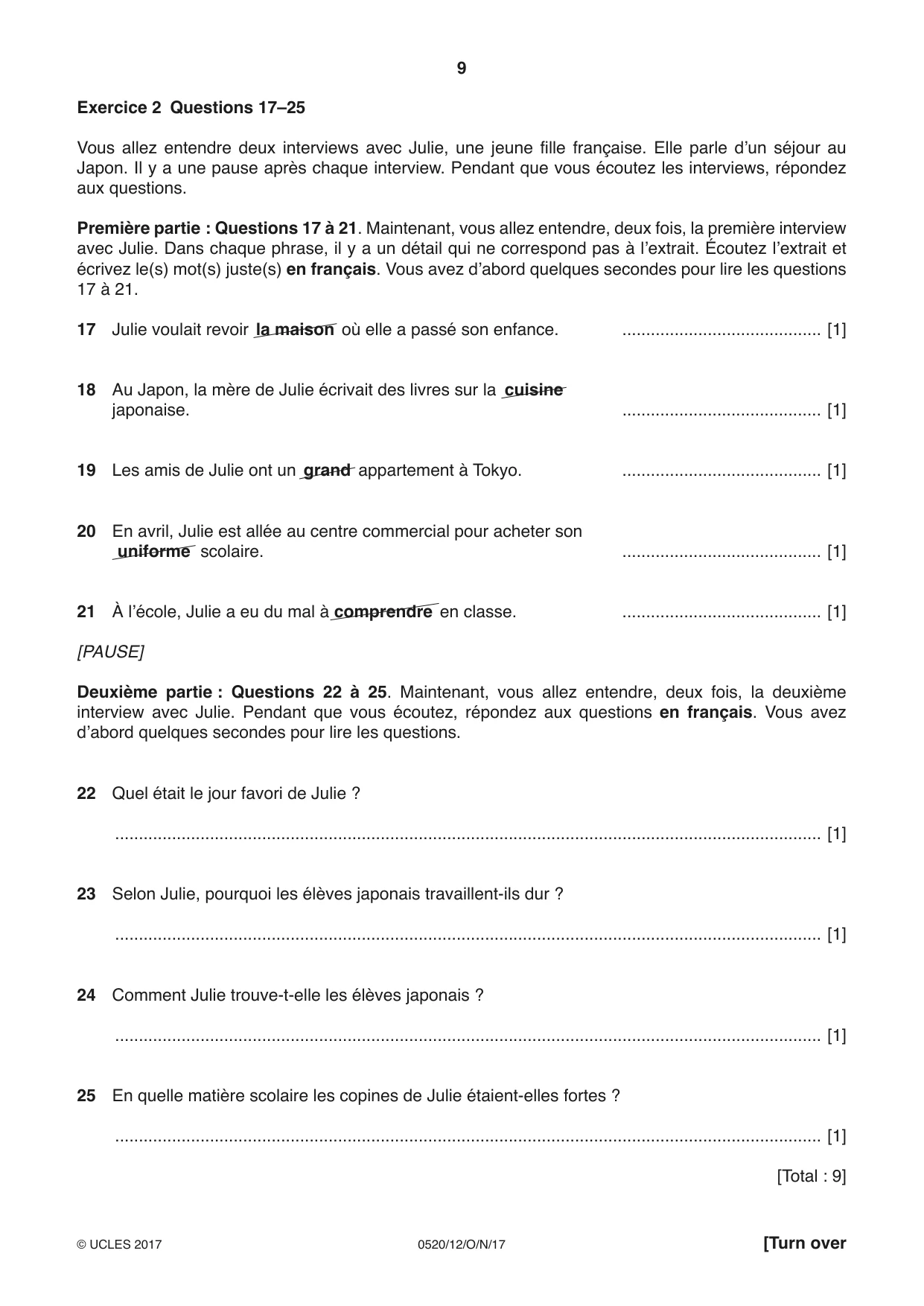 Cambridge IGCSE French - Foreign Language 0520 2017 Oct/Nov Paper 1 · Variant 2 question paper, page 9 of 12