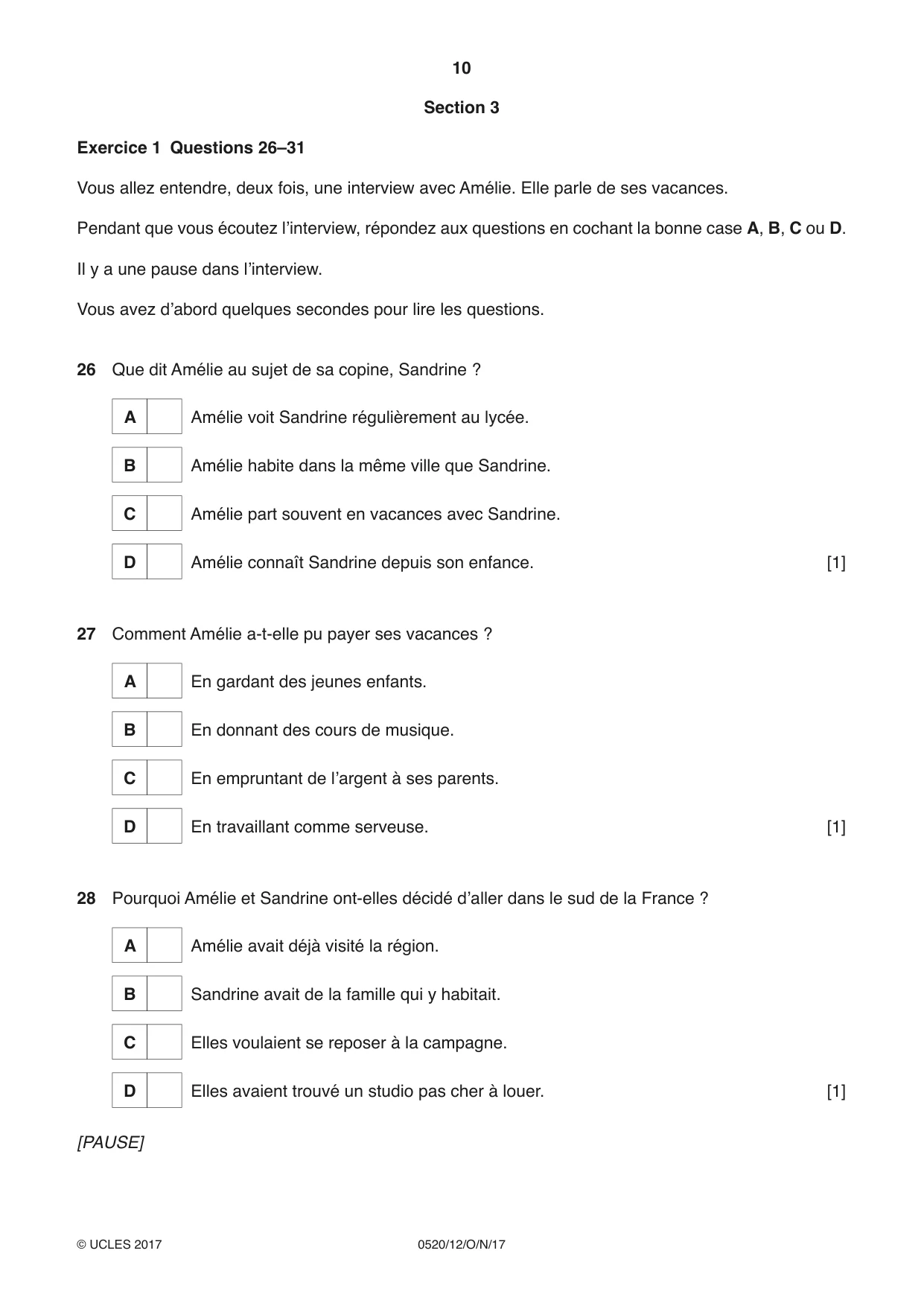 Cambridge IGCSE French - Foreign Language 0520 2017 Oct/Nov Paper 1 · Variant 2 question paper, page 10 of 12