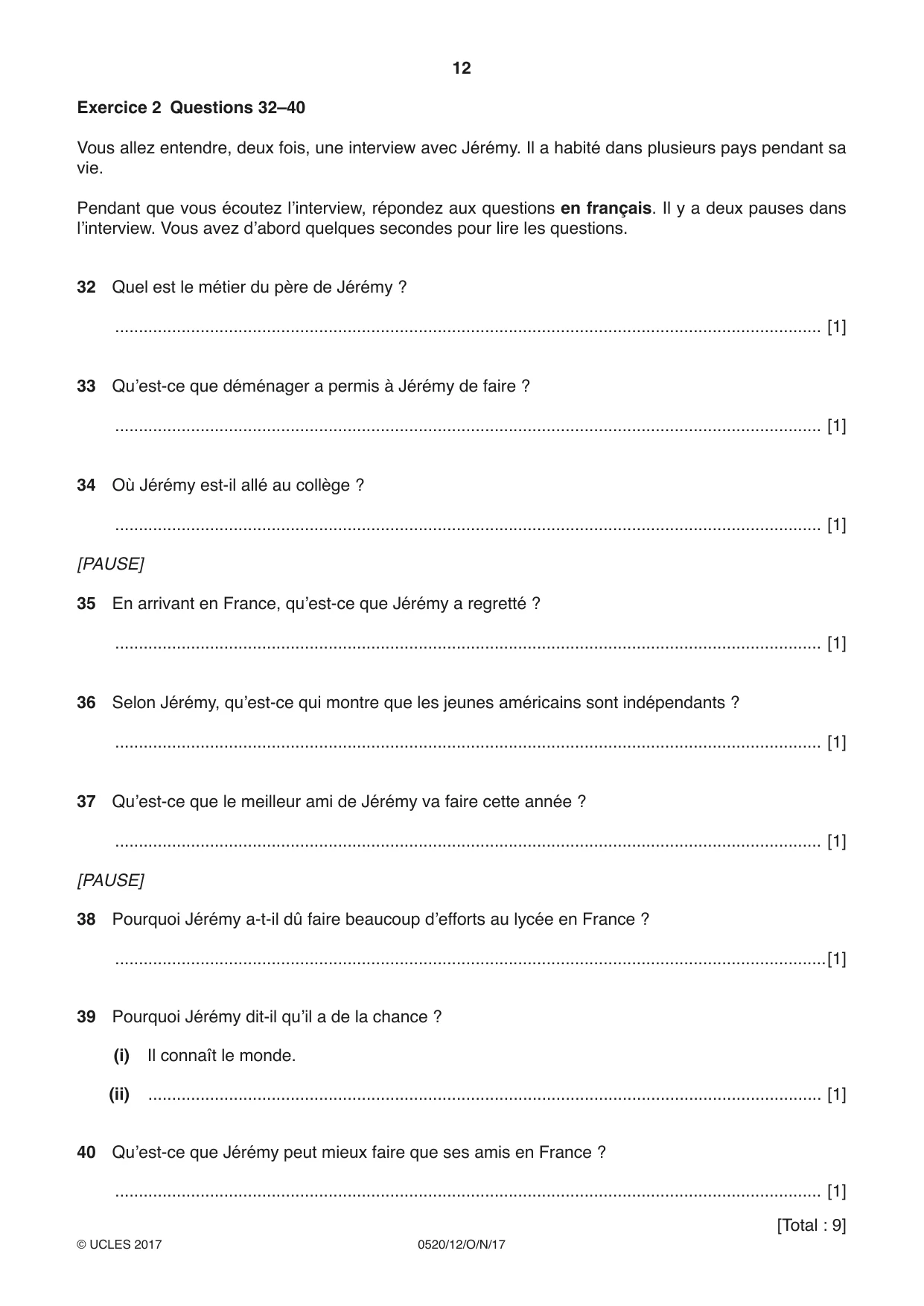 Cambridge IGCSE French - Foreign Language 0520 2017 Oct/Nov Paper 1 · Variant 2 question paper, page 12 of 12