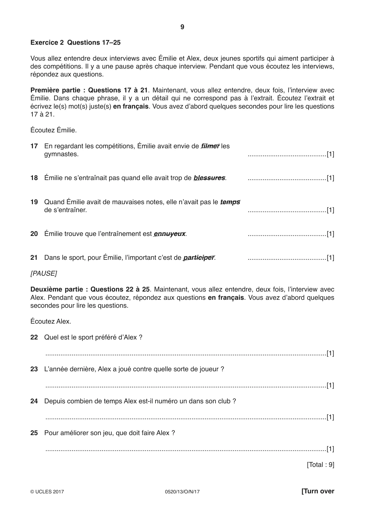Cambridge IGCSE French - Foreign Language 0520 2017 Oct/Nov Paper 1 · Variant 3 question paper, page 9 of 12