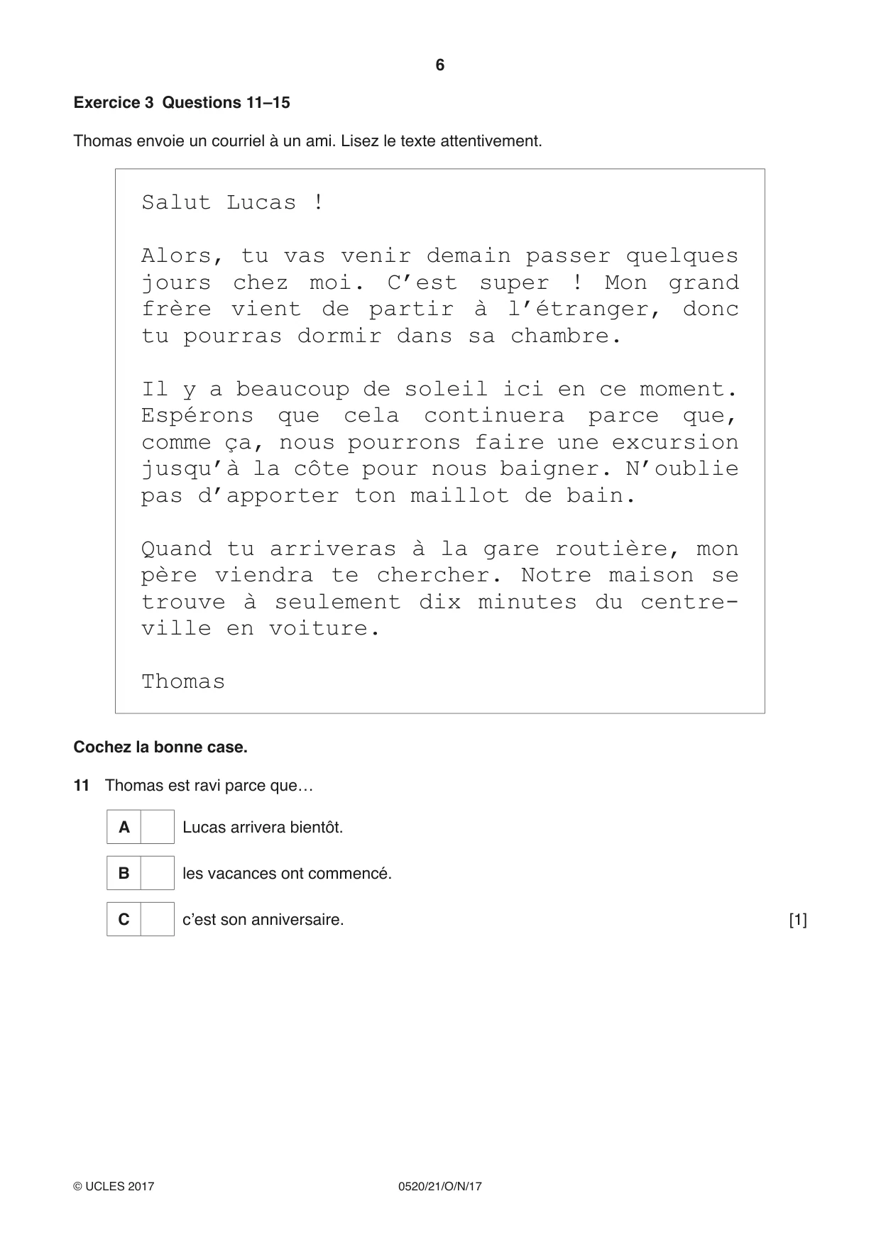Cambridge IGCSE French - Foreign Language 0520 2017 Oct/Nov Paper 2 · Variant 1 question paper, page 6 of 16