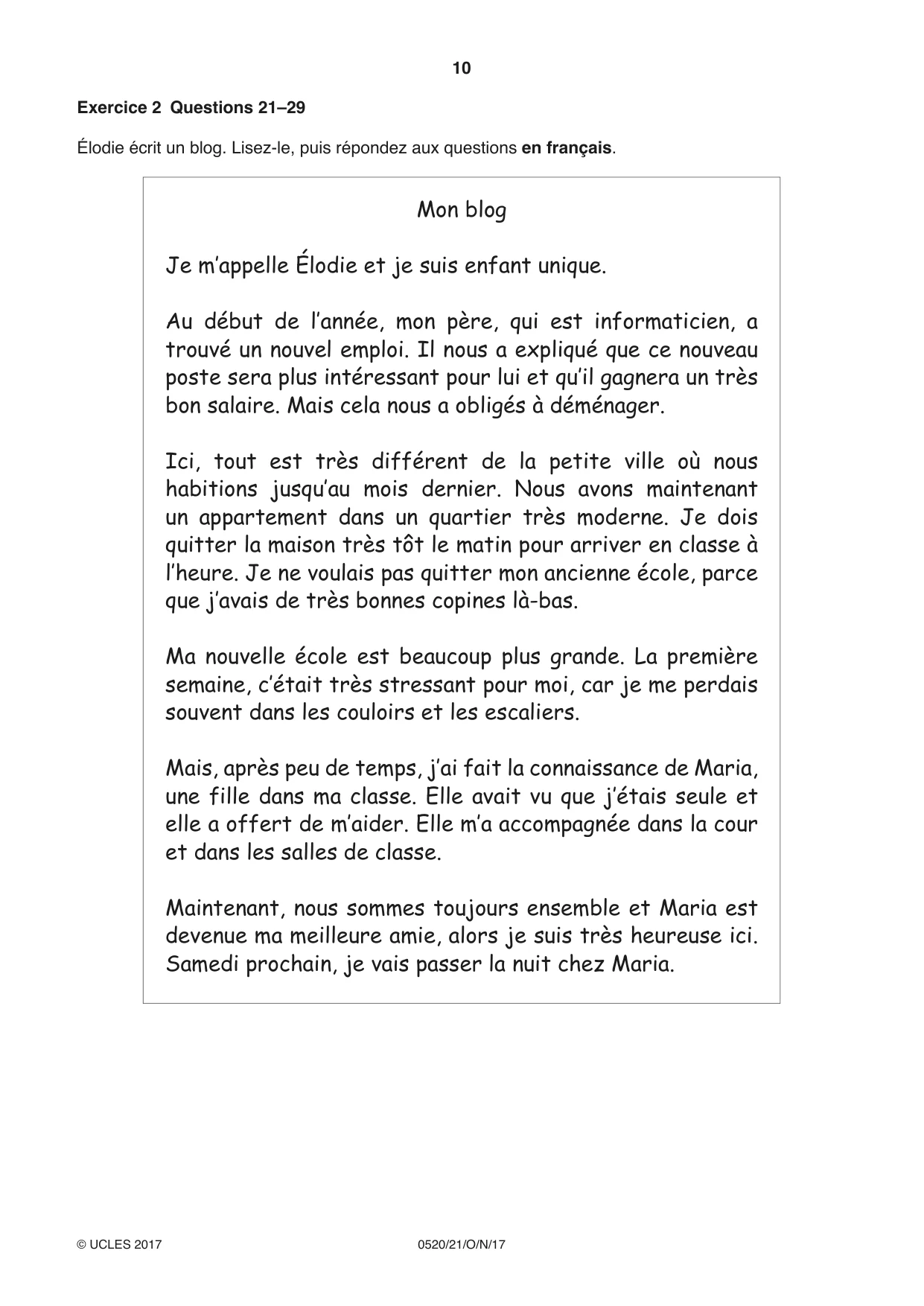 Cambridge IGCSE French - Foreign Language 0520 2017 Oct/Nov Paper 2 · Variant 1 question paper, page 10 of 16
