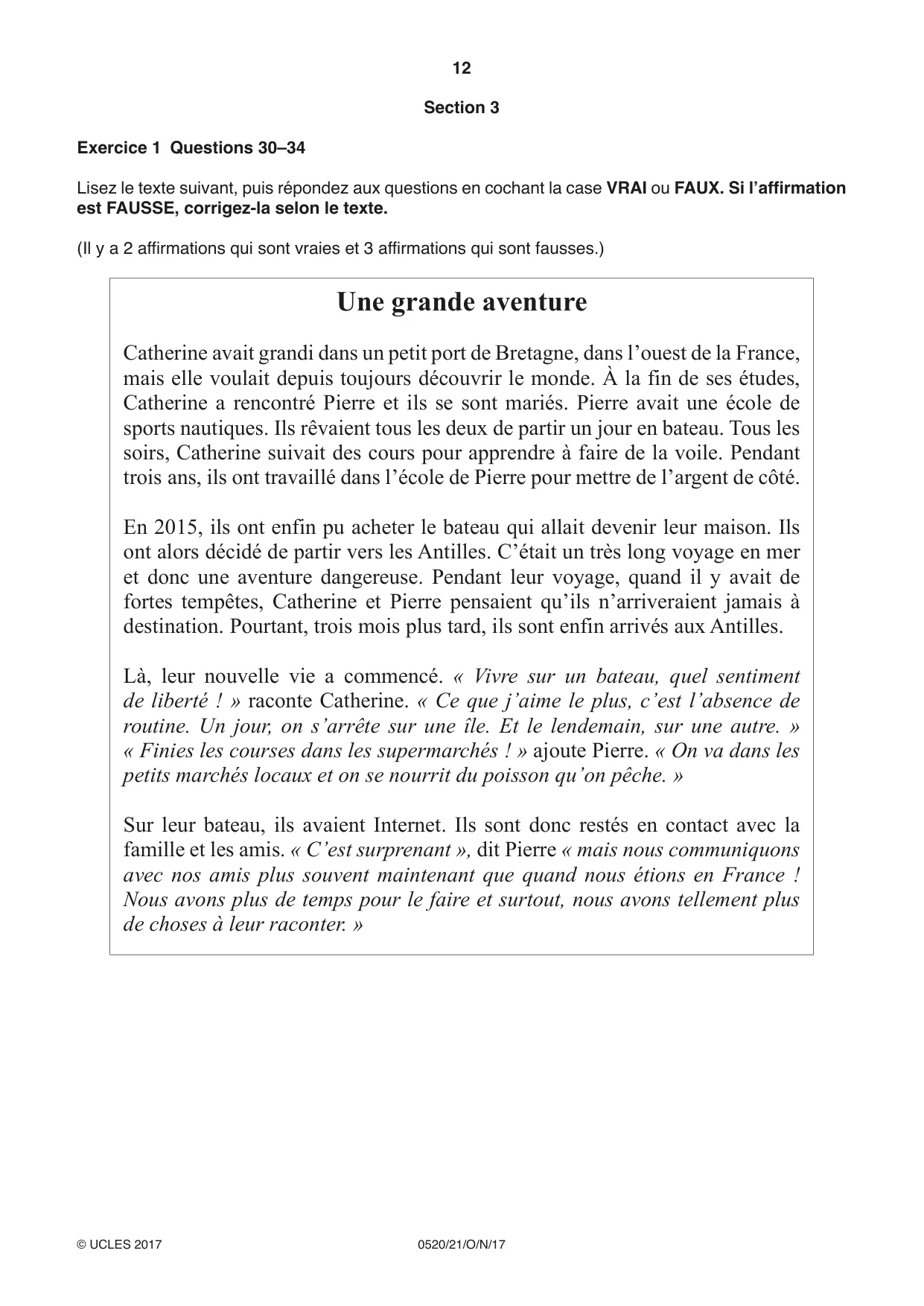Cambridge IGCSE French - Foreign Language 0520 2017 Oct/Nov Paper 2 · Variant 1 question paper, page 12 of 16