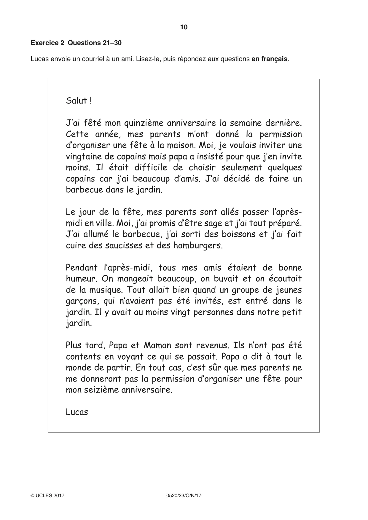 Cambridge IGCSE French - Foreign Language 0520 2017 Oct/Nov Paper 2 · Variant 3 question paper, page 10 of 16