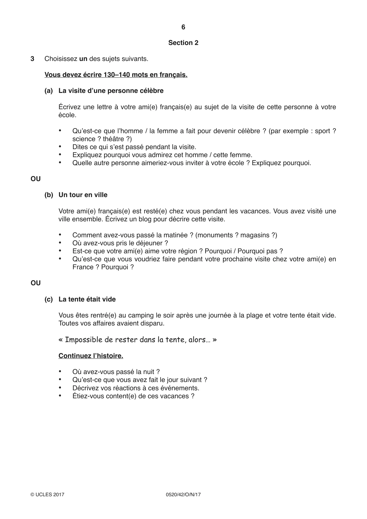 Cambridge IGCSE French - Foreign Language 0520 2017 Oct/Nov Paper 4 · Variant 2 question paper, page 6 of 8