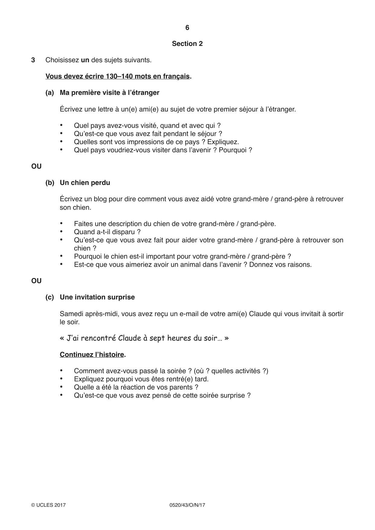 Cambridge IGCSE French - Foreign Language 0520 2017 Oct/Nov Paper 4 · Variant 3 question paper, page 6 of 8