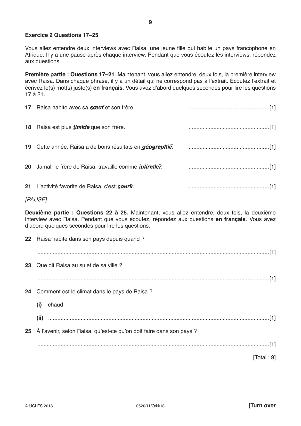 Cambridge IGCSE French - Foreign Language 0520 2018 Oct/Nov Paper 1 · Variant 1 question paper, page 9 of 12