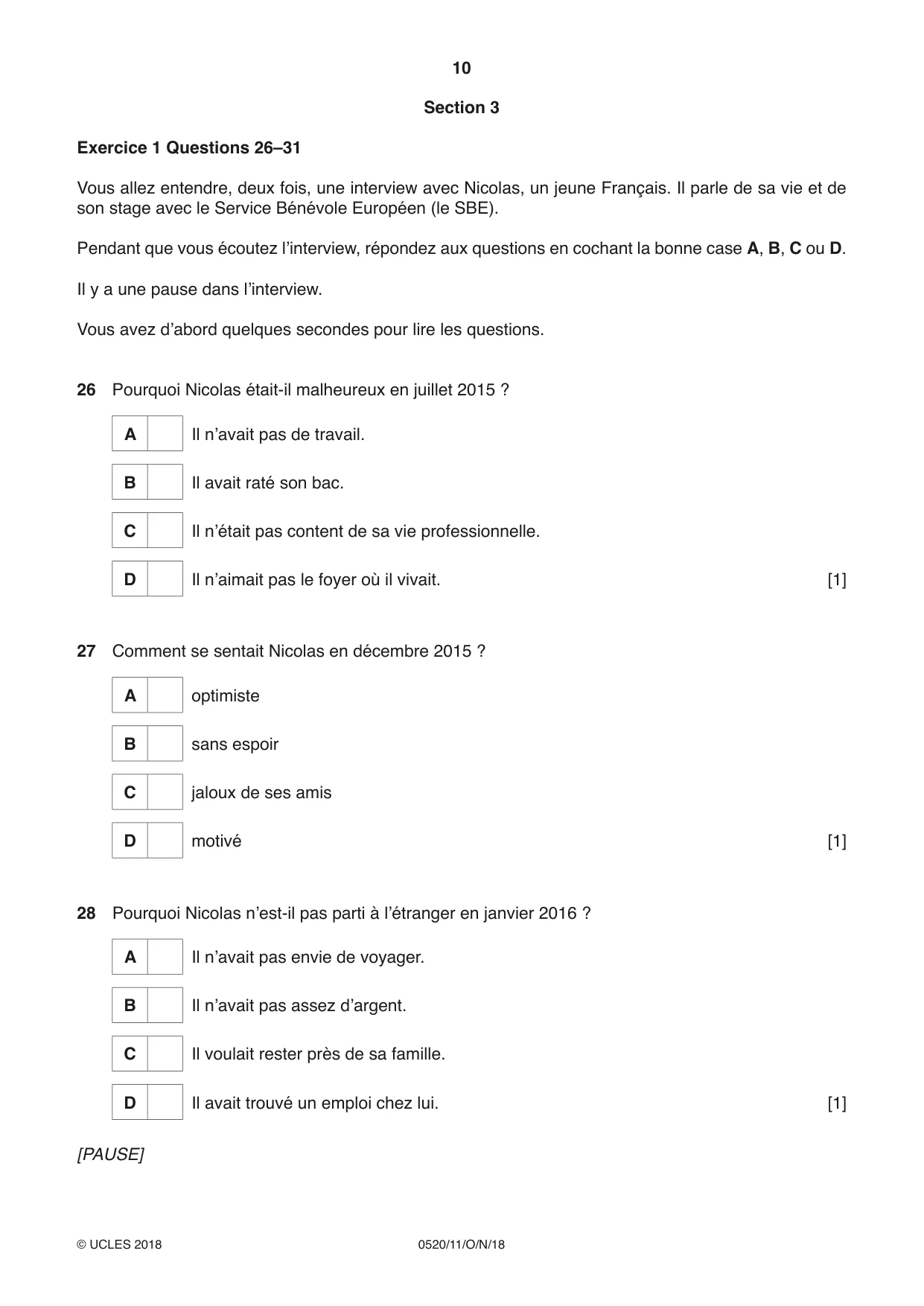 Cambridge IGCSE French - Foreign Language 0520 2018 Oct/Nov Paper 1 · Variant 1 question paper, page 10 of 12