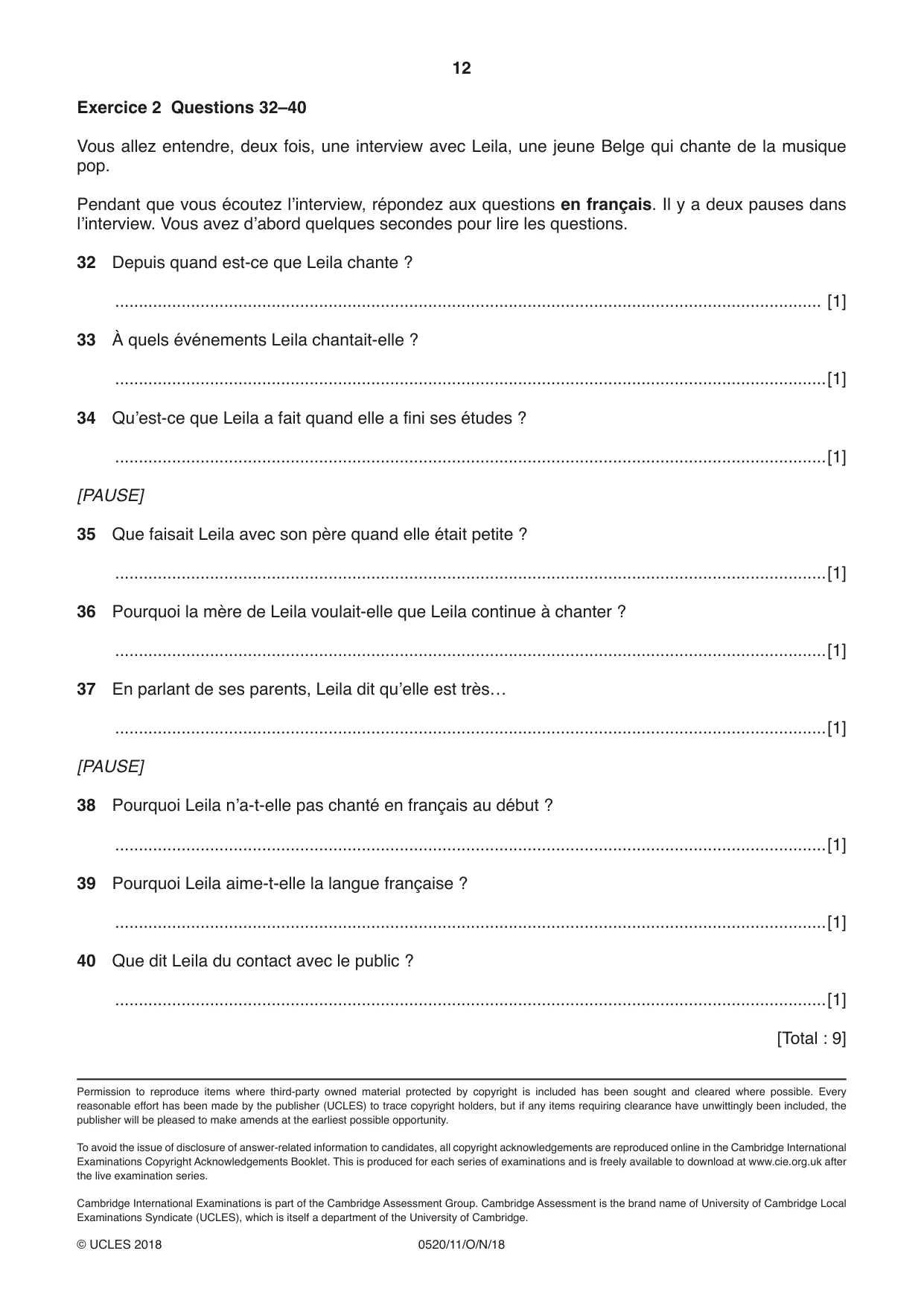 Cambridge IGCSE French - Foreign Language 0520 2018 Oct/Nov Paper 1 · Variant 1 question paper, page 12 of 12