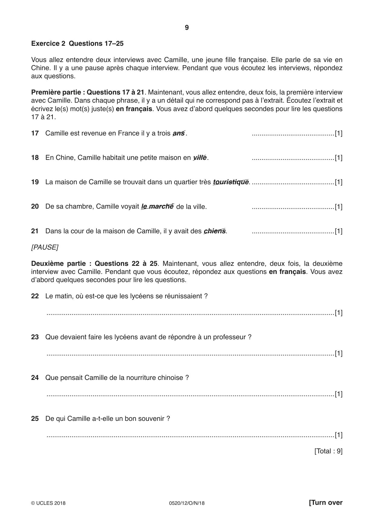 Cambridge IGCSE French - Foreign Language 0520 2018 Oct/Nov Paper 1 · Variant 2 question paper, page 9 of 12