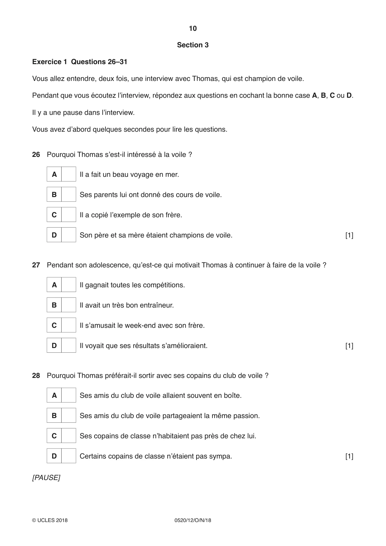 Cambridge IGCSE French - Foreign Language 0520 2018 Oct/Nov Paper 1 · Variant 2 question paper, page 10 of 12