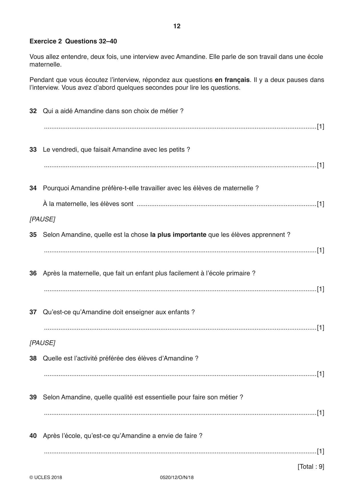 Cambridge IGCSE French - Foreign Language 0520 2018 Oct/Nov Paper 1 · Variant 2 question paper, page 12 of 12