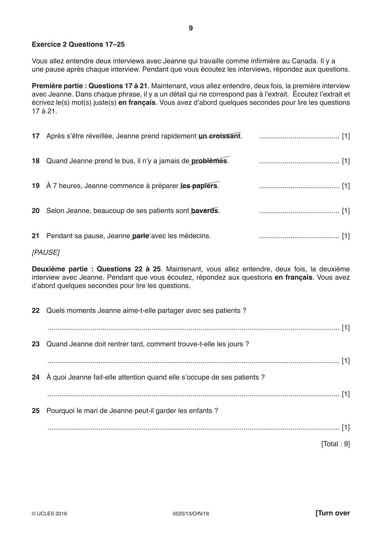 Cambridge IGCSE French - Foreign Language 0520 2018 Oct/Nov Paper 1 · Variant 3 question paper, page 9 of 12