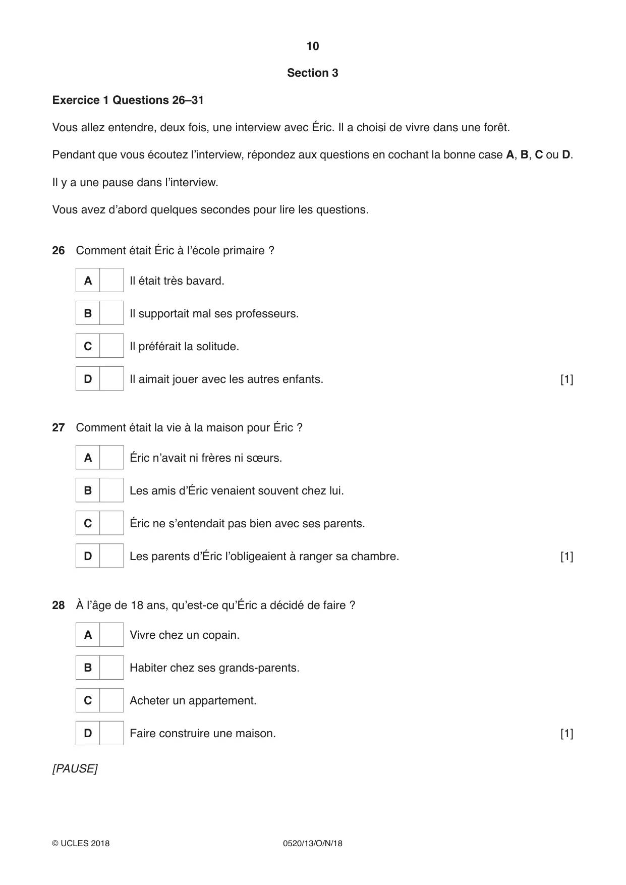 Cambridge IGCSE French - Foreign Language 0520 2018 Oct/Nov Paper 1 · Variant 3 question paper, page 10 of 12