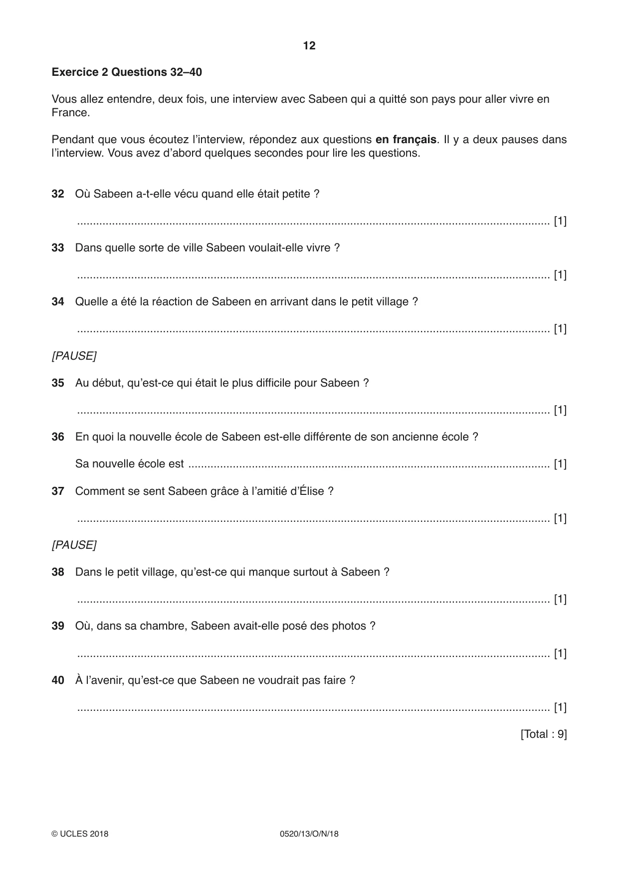 Cambridge IGCSE French - Foreign Language 0520 2018 Oct/Nov Paper 1 · Variant 3 question paper, page 12 of 12