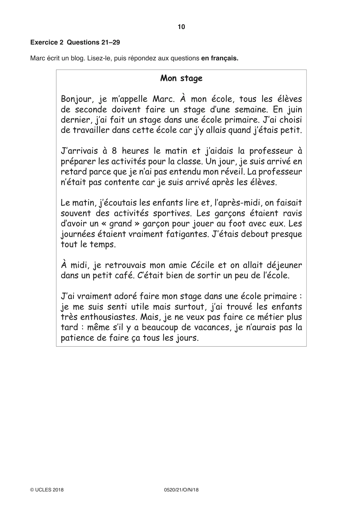 Cambridge IGCSE French - Foreign Language 0520 2018 Oct/Nov Paper 2 · Variant 1 question paper, page 10 of 16
