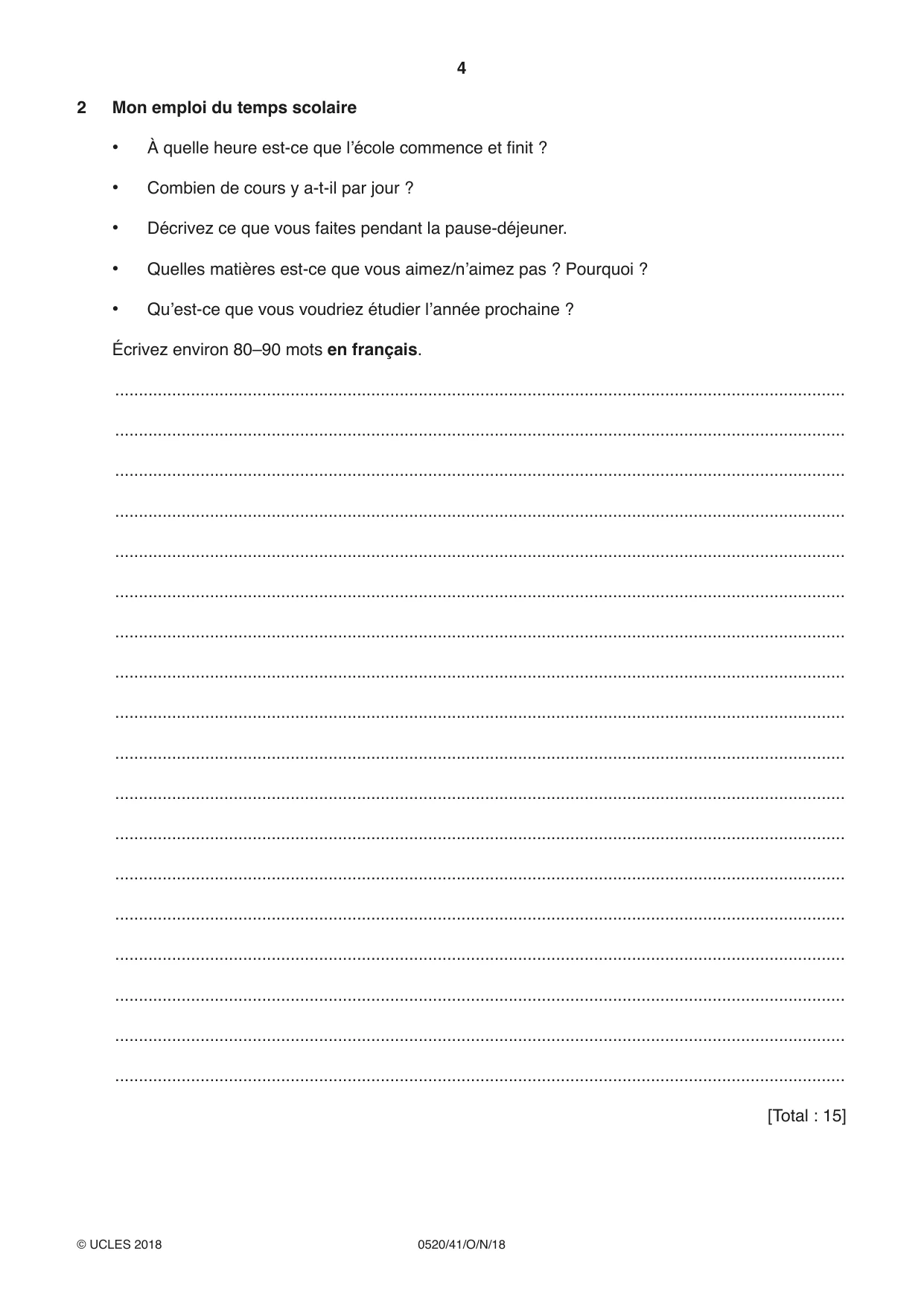 Cambridge IGCSE French - Foreign Language 0520 2018 Oct/Nov Paper 4 · Variant 1 question paper, page 4 of 8