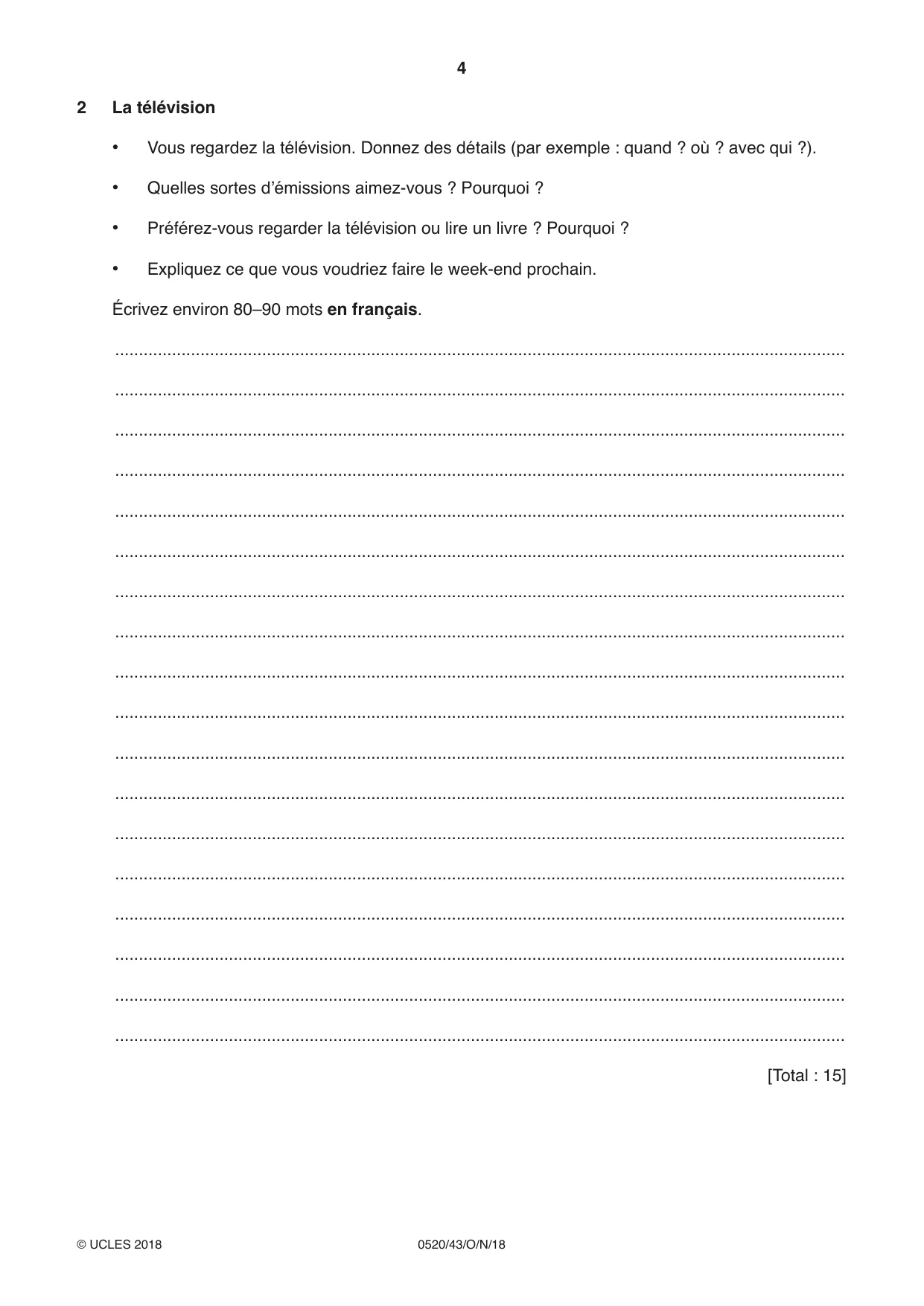 Cambridge IGCSE French - Foreign Language 0520 2018 Oct/Nov Paper 4 · Variant 3 question paper, page 4 of 8