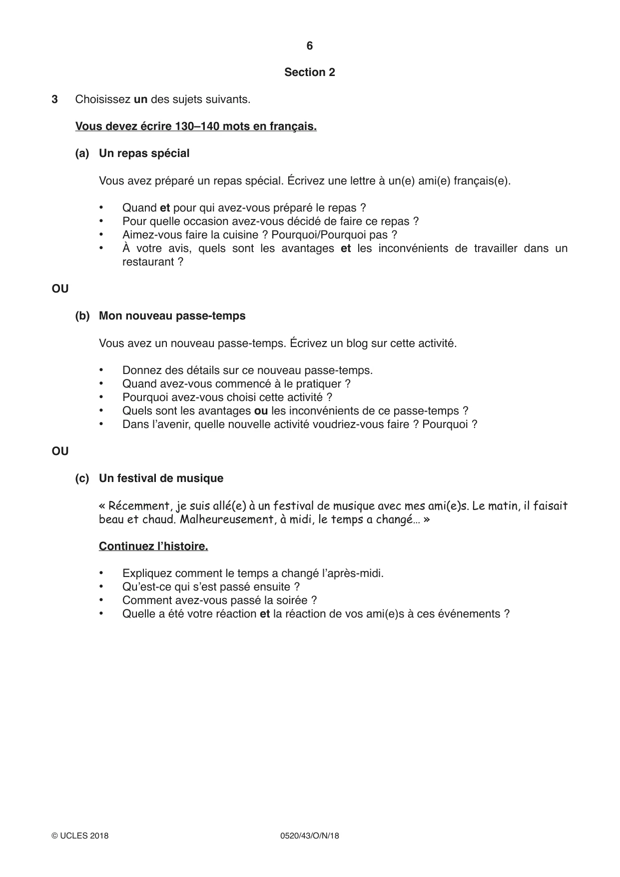 Cambridge IGCSE French - Foreign Language 0520 2018 Oct/Nov Paper 4 · Variant 3 question paper, page 6 of 8