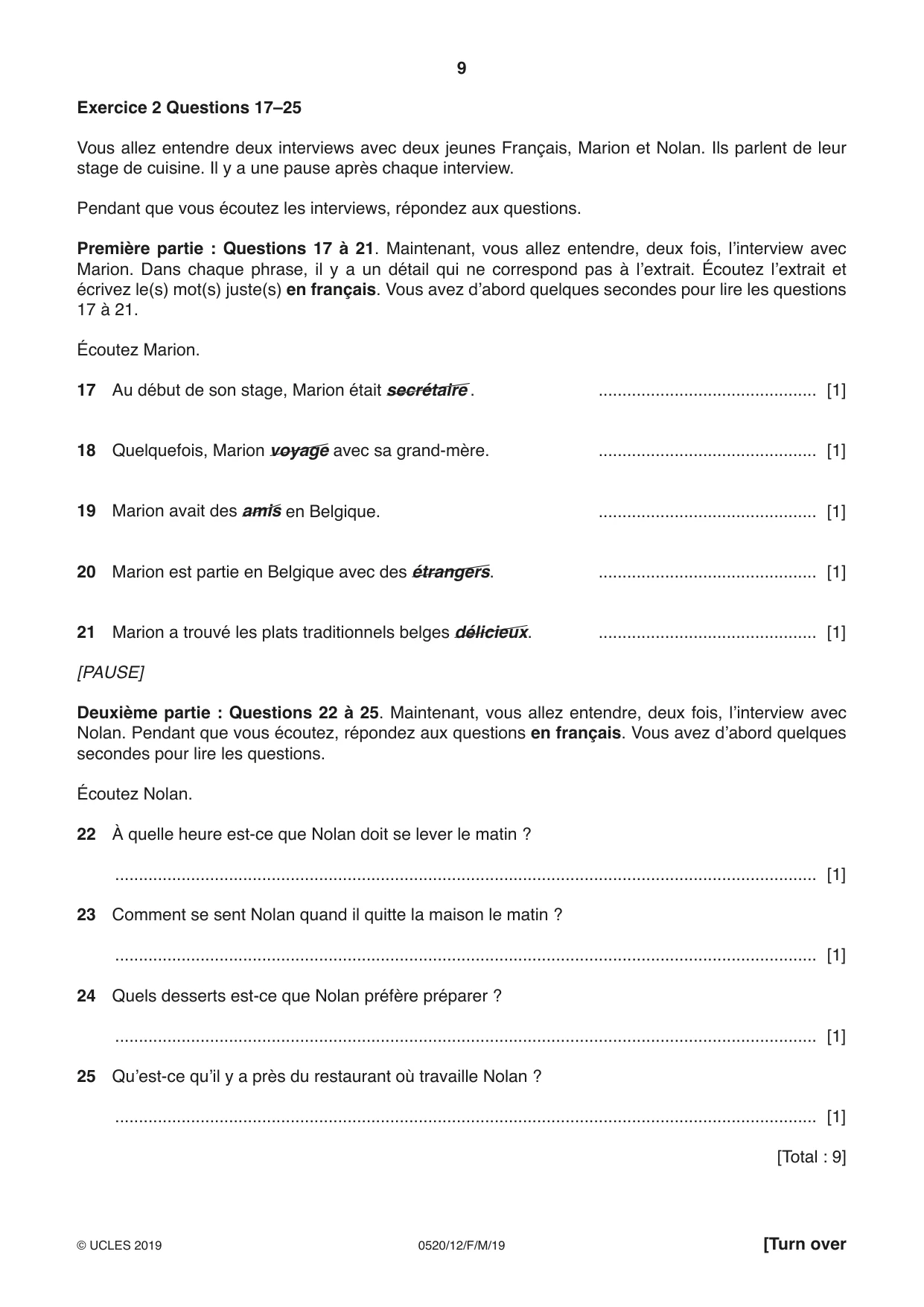 Cambridge IGCSE French - Foreign Language 0520 2019 Feb/March Paper 1 · Variant 2 question paper, page 9 of 12