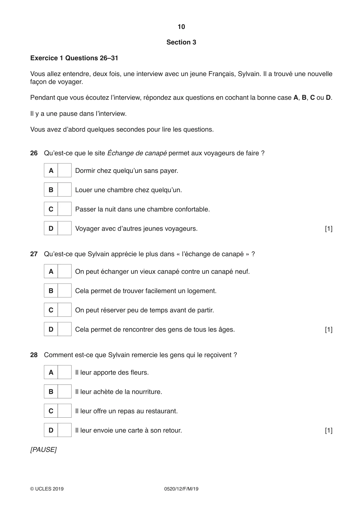Cambridge IGCSE French - Foreign Language 0520 2019 Feb/March Paper 1 · Variant 2 question paper, page 10 of 12