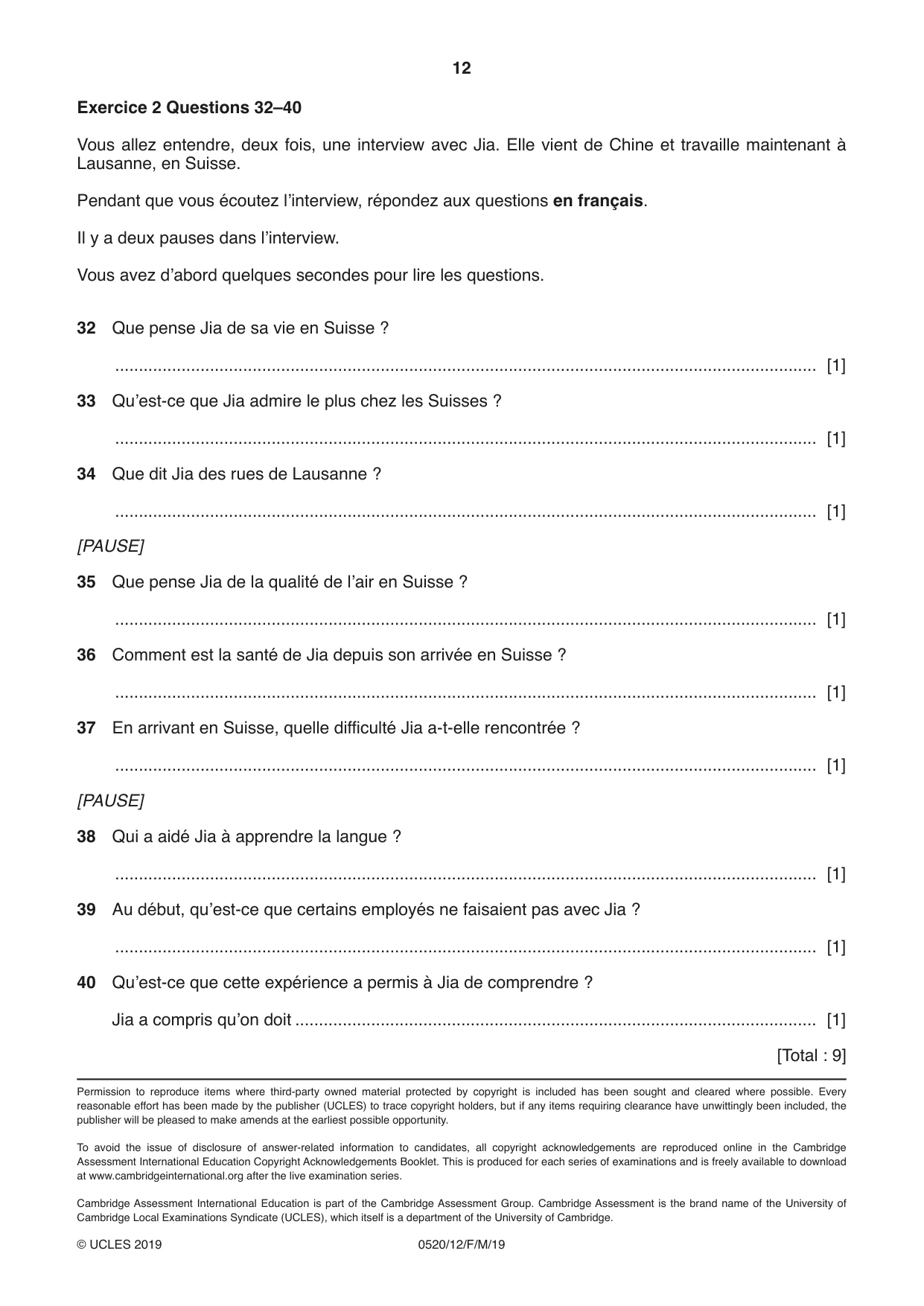 Cambridge IGCSE French - Foreign Language 0520 2019 Feb/March Paper 1 · Variant 2 question paper, page 12 of 12