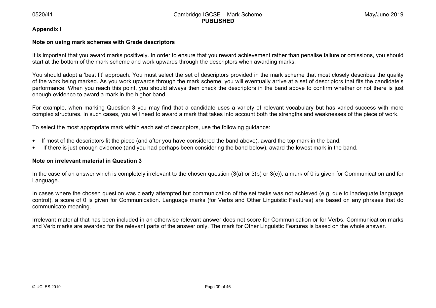 Mark scheme, page 39 of 46