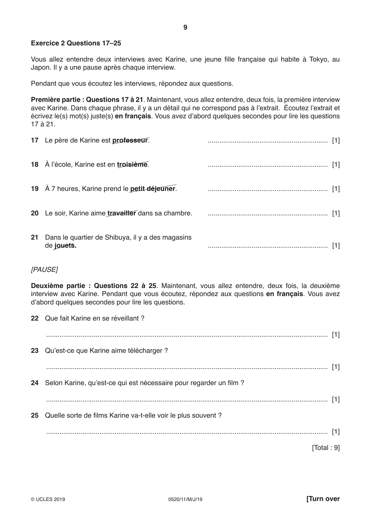 Cambridge IGCSE French - Foreign Language 0520 2019 May/June Paper 1 · Variant 1 question paper, page 9 of 12