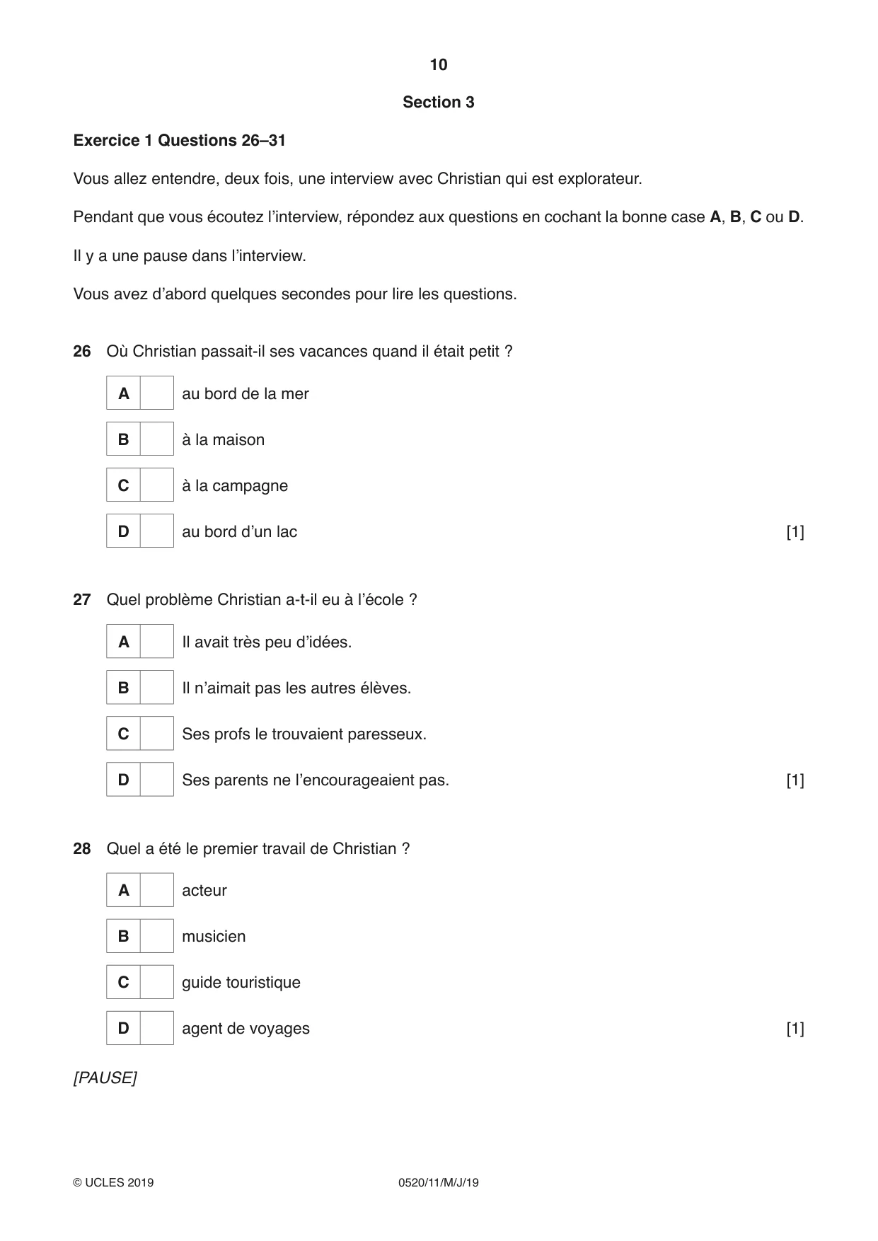 Cambridge IGCSE French - Foreign Language 0520 2019 May/June Paper 1 · Variant 1 question paper, page 10 of 12