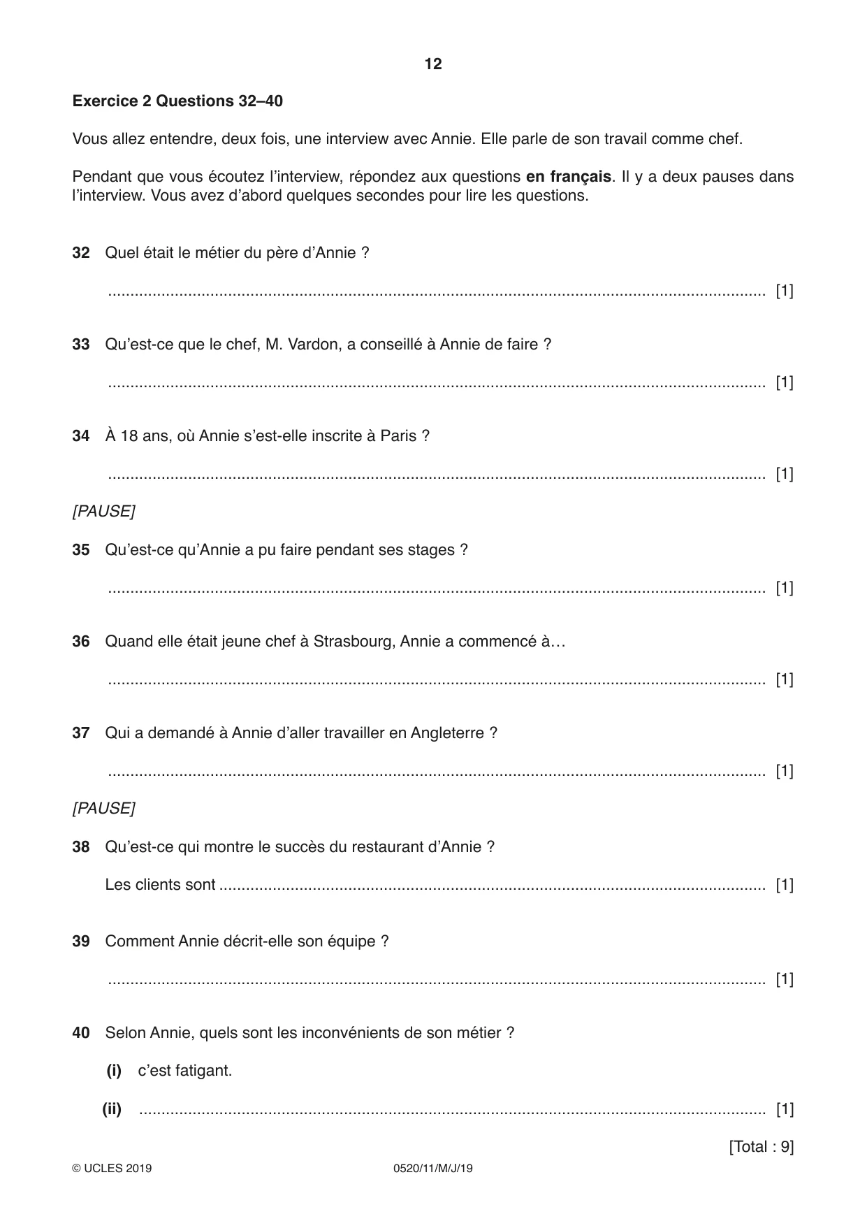 Cambridge IGCSE French - Foreign Language 0520 2019 May/June Paper 1 · Variant 1 question paper, page 12 of 12