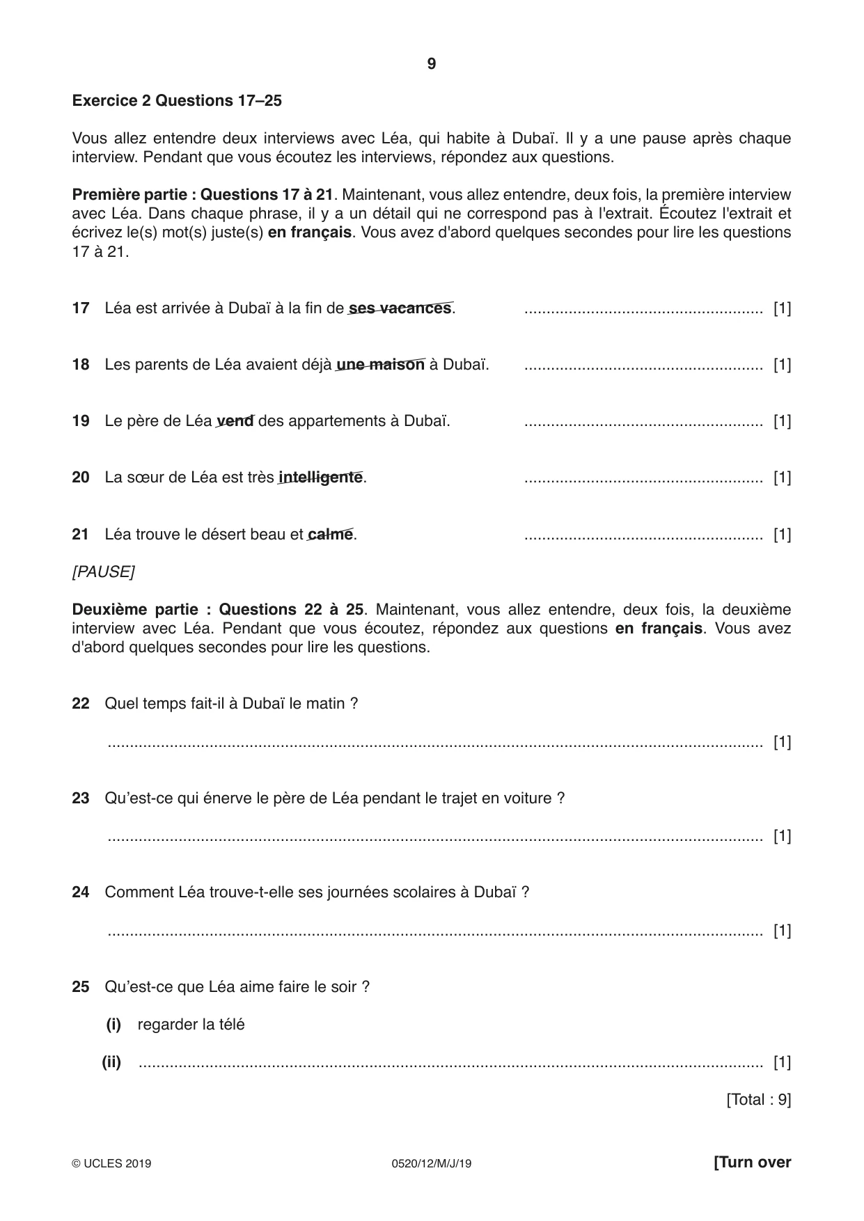 Cambridge IGCSE French - Foreign Language 0520 2019 May/June Paper 1 · Variant 2 question paper, page 9 of 12