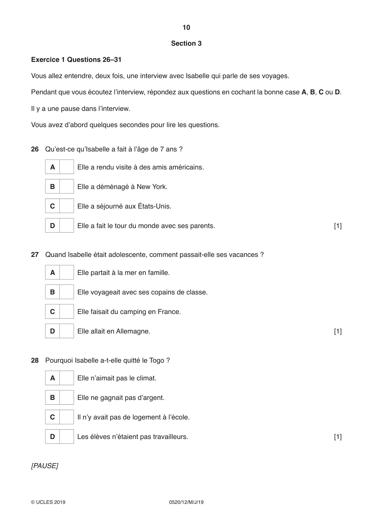Cambridge IGCSE French - Foreign Language 0520 2019 May/June Paper 1 · Variant 2 question paper, page 10 of 12