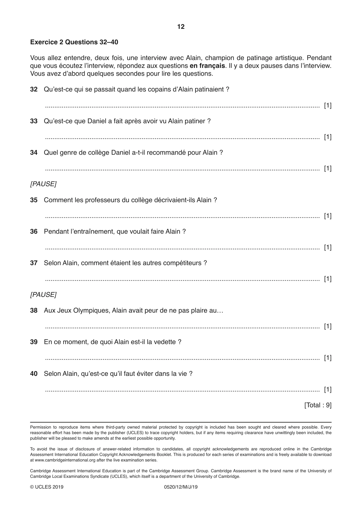 Cambridge IGCSE French - Foreign Language 0520 2019 May/June Paper 1 · Variant 2 question paper, page 12 of 12