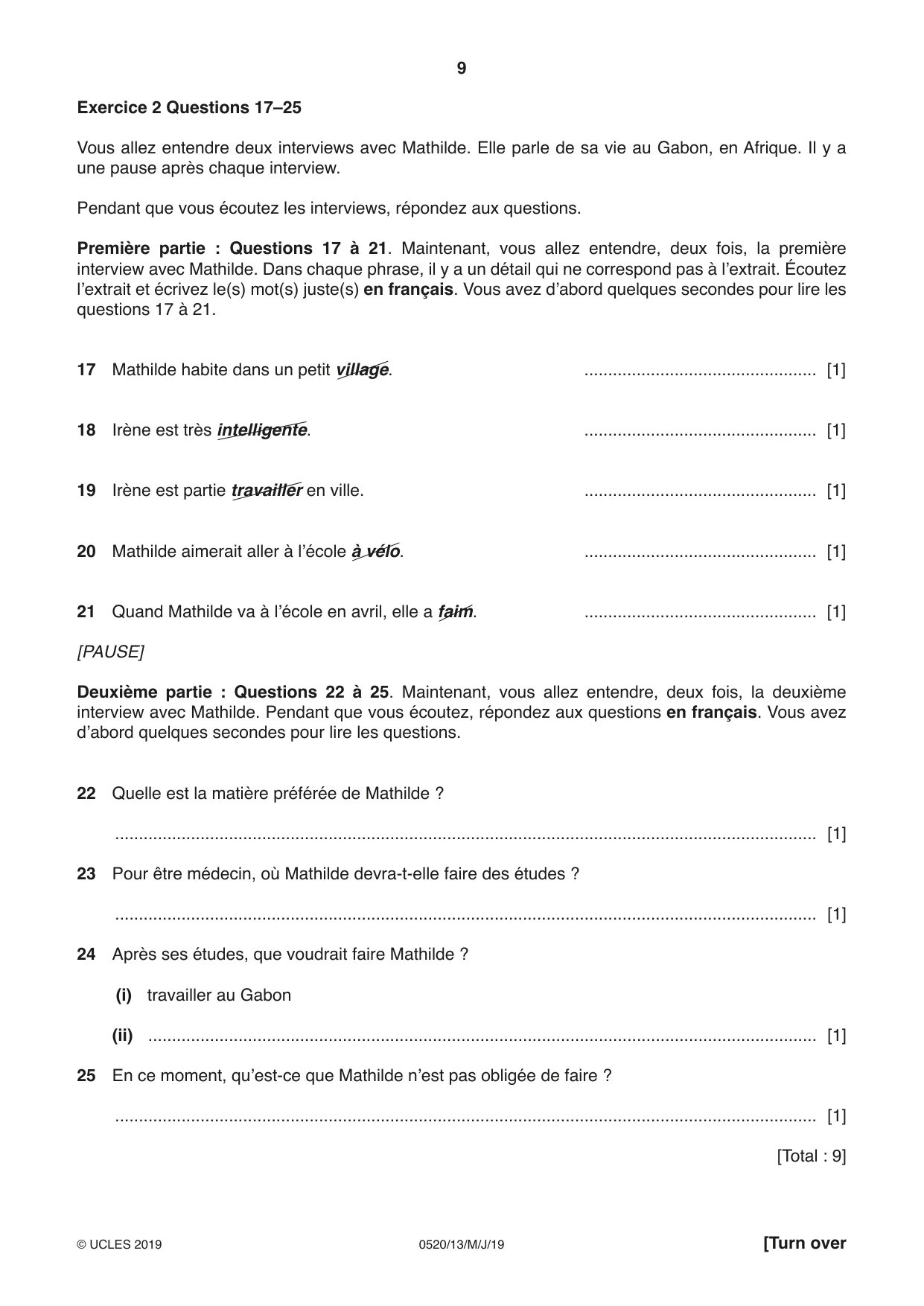 Cambridge IGCSE French - Foreign Language 0520 2019 May/June Paper 1 · Variant 3 question paper, page 9 of 12