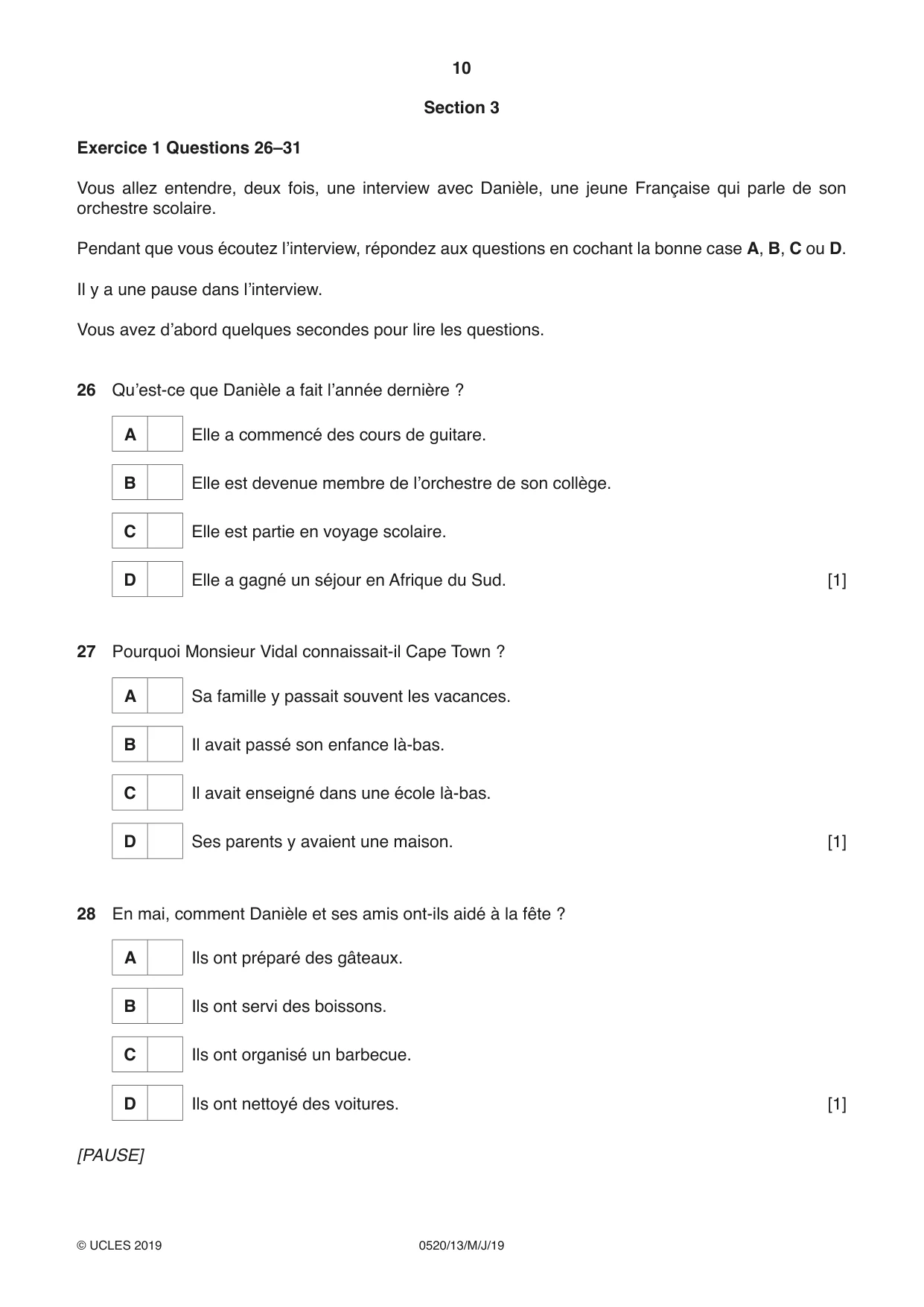 Cambridge IGCSE French - Foreign Language 0520 2019 May/June Paper 1 · Variant 3 question paper, page 10 of 12