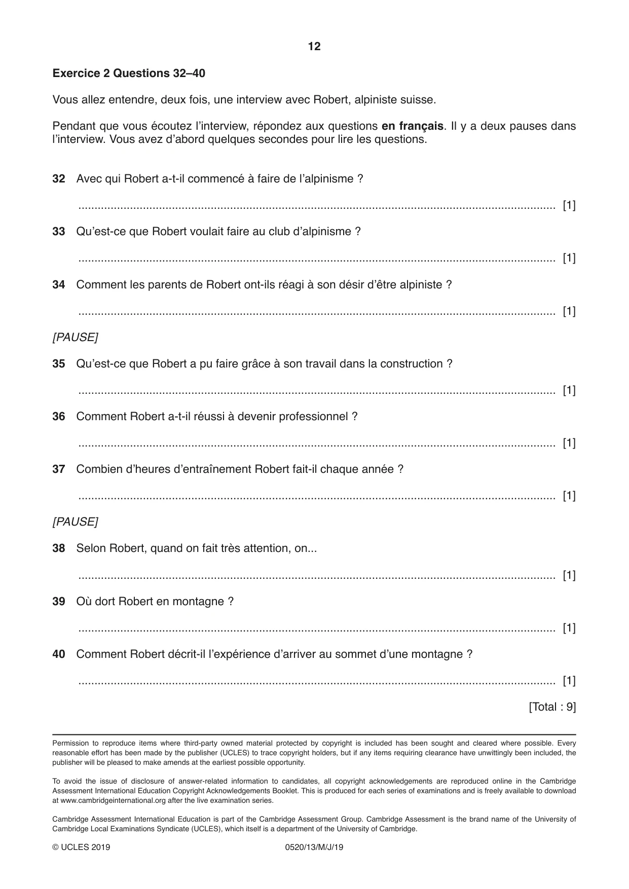 Cambridge IGCSE French - Foreign Language 0520 2019 May/June Paper 1 · Variant 3 question paper, page 12 of 12