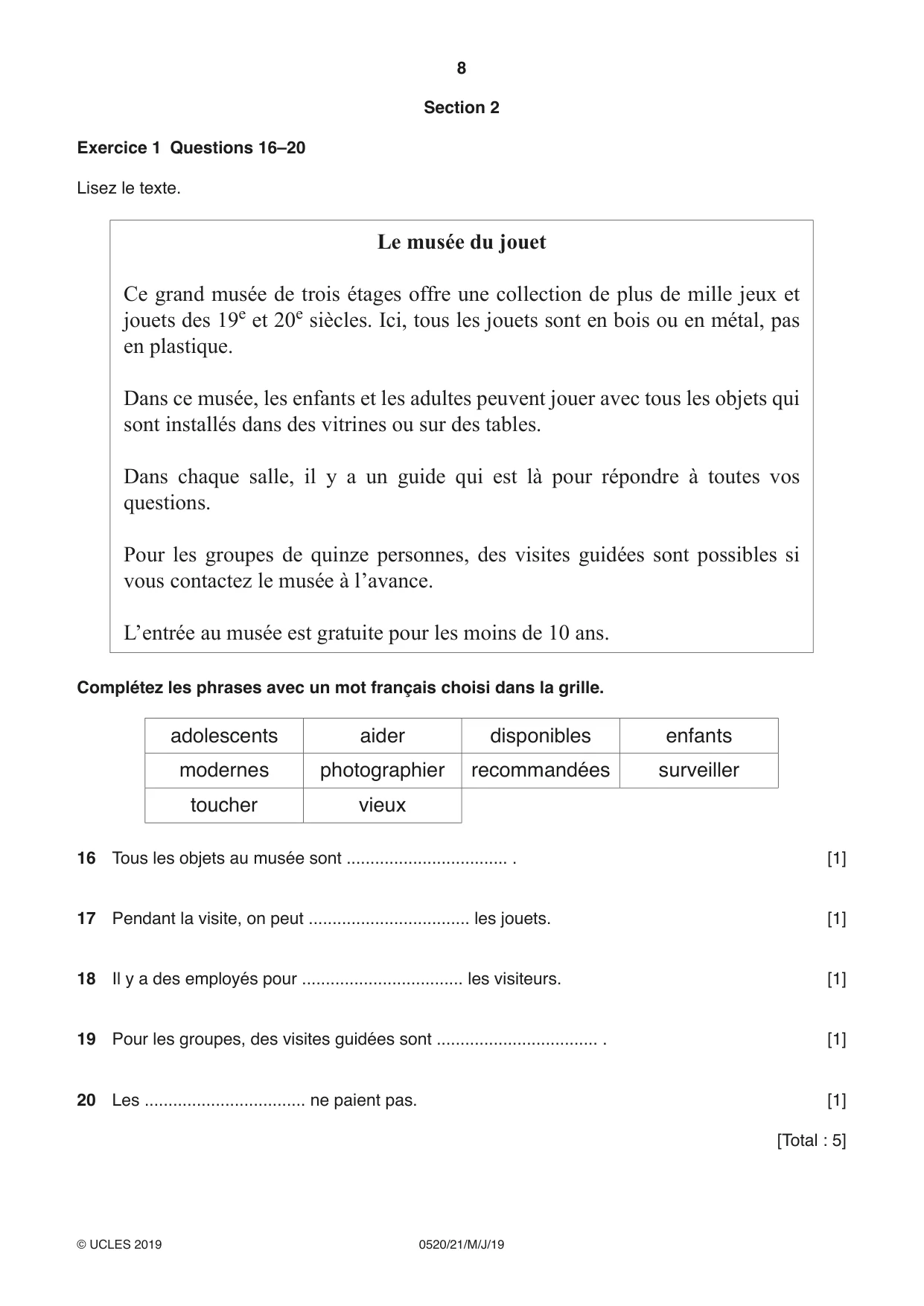 Cambridge IGCSE French - Foreign Language 0520 2019 May/June Paper 2 · Variant 1 question paper, page 8 of 16