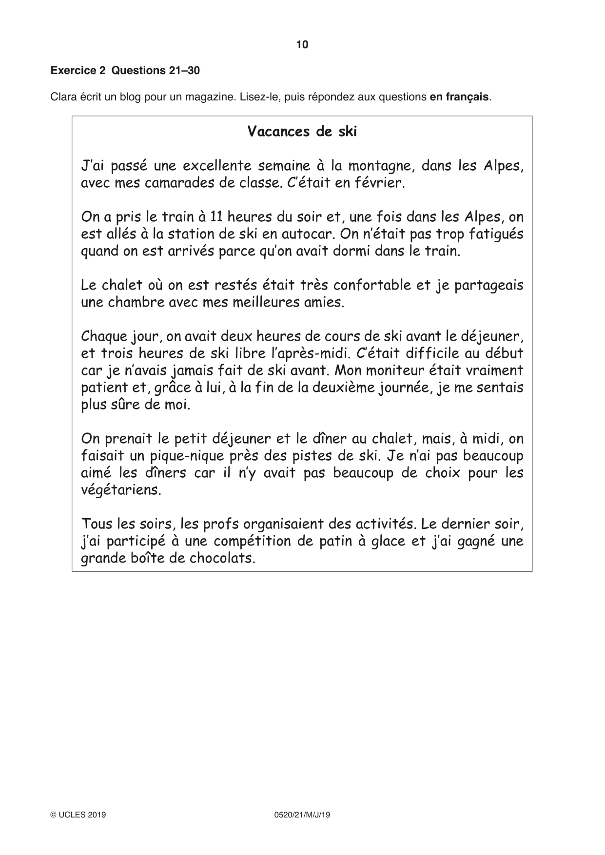 Cambridge IGCSE French - Foreign Language 0520 2019 May/June Paper 2 · Variant 1 question paper, page 10 of 16
