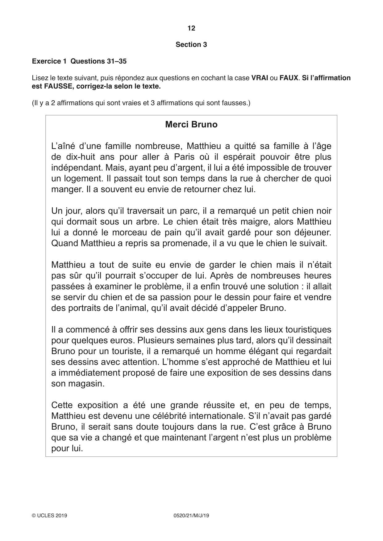 Cambridge IGCSE French - Foreign Language 0520 2019 May/June Paper 2 · Variant 1 question paper, page 12 of 16