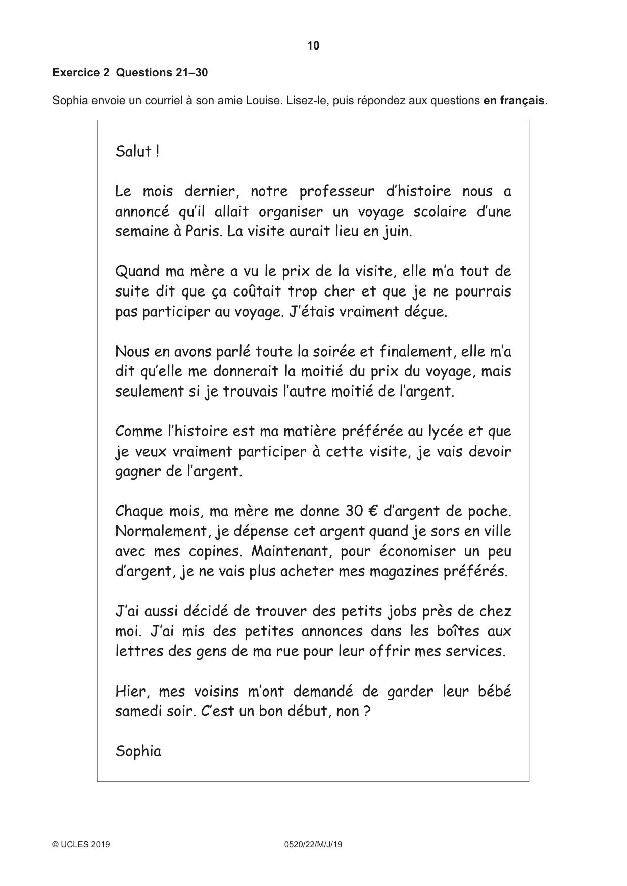 Cambridge IGCSE French - Foreign Language 0520 2019 May/June Paper 2 · Variant 2 question paper, page 10 of 16